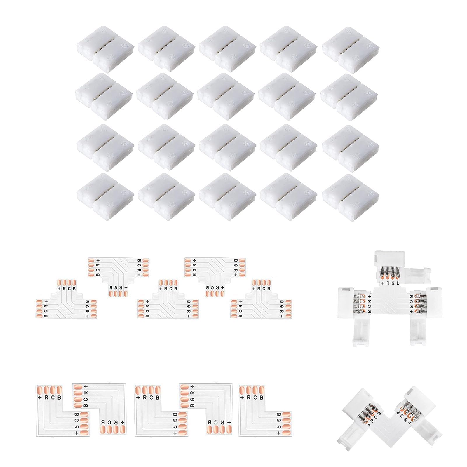 Amefil Led Strip Connectors 4 Pin Solderless Gapless Connector, 8Mm Wide Rgb L Splitter Right Angle Connector T-Shape Connector For Rgb 3528 2835 Multicolor Led Strip Lights
