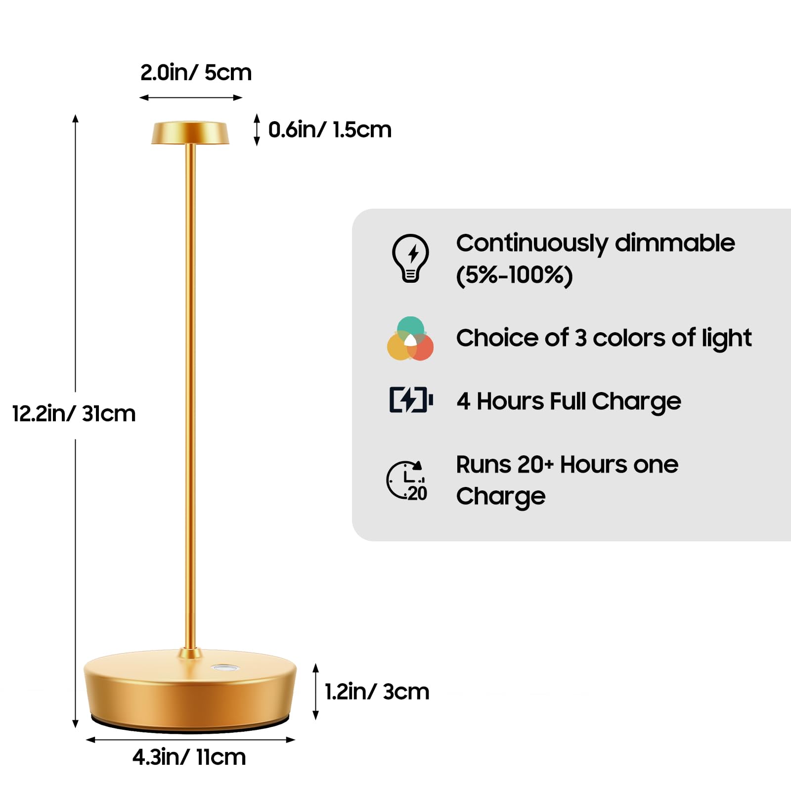 Sikevht Cordless LED Table Lamp, Rechargeable, 3 Color Dimmable, Metal, 2Pack Gold, Model X10