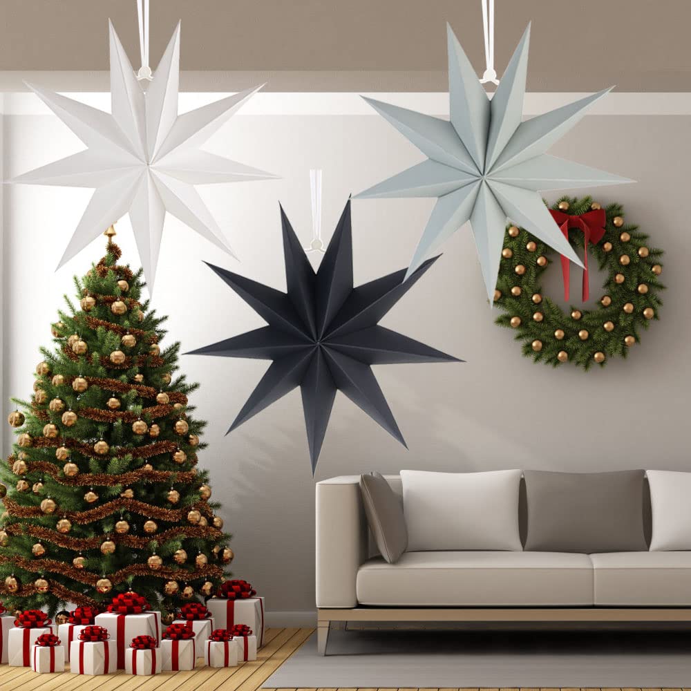 Sunbeauty 3 Pcs 9-Pointed Paper Star Lanterns 12 Inch Hanging Lampshade Wedding Birthday Christmas Home New Year Party Decoratio