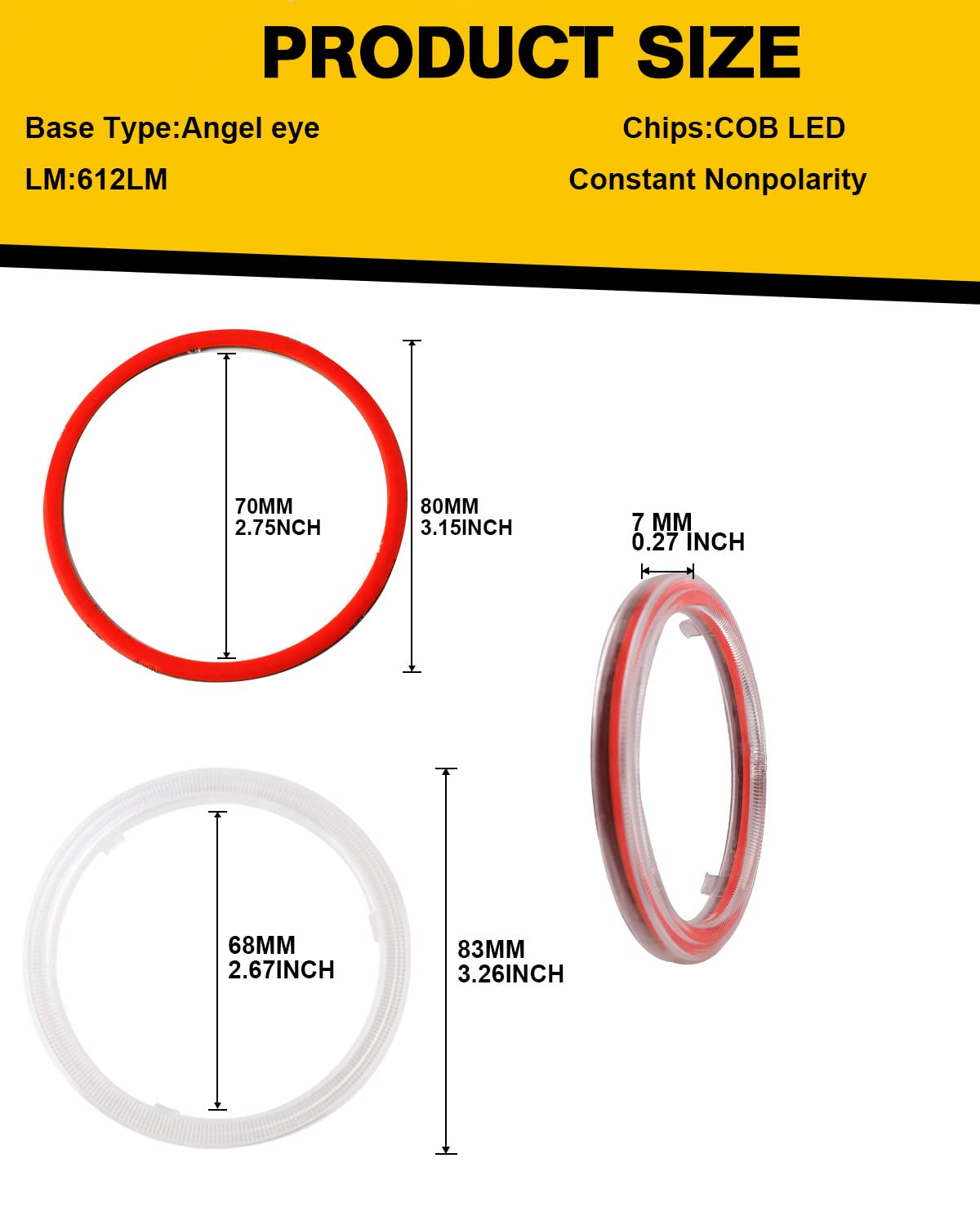 Qasim 80MM Red Halo Rings Car Angel Eyes Fog Lights COB LED Headlight 12V 24V, Silica Gel Cover