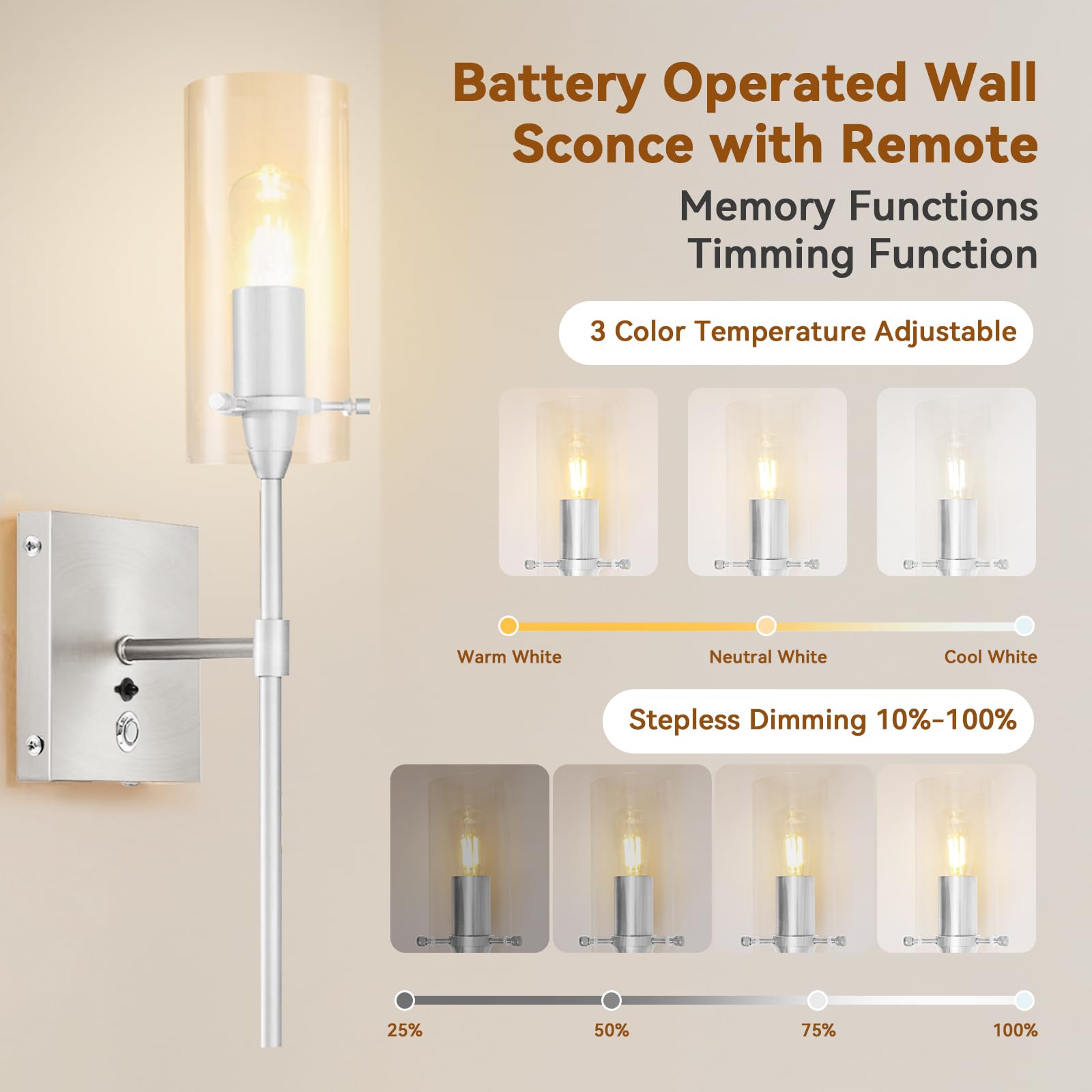 Aibisod 3-Color Battery Operated Wall Sconces With Remote Control Dimmable Battery Wall Sconces Set Of Two, Nickel Rechargeable