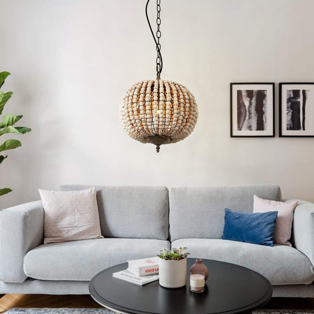 Newrays Wood Bead Chandelier Pendant Bohemian Boho Beachy Ceiling Lamp Light Fixtures (Gray White-Globe, 11.81 In*14.56 In)
