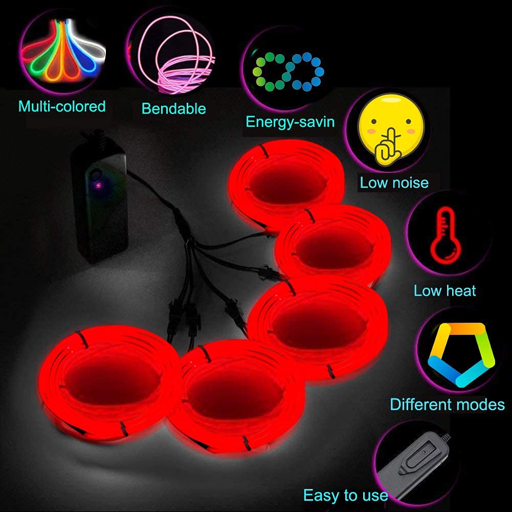 MaxLax Bright Red EL Wire, Noise Reduction Neon Lights Wire 5 in 1 Meter, Electroluminescent Wire for Halloween, Christmas Party
