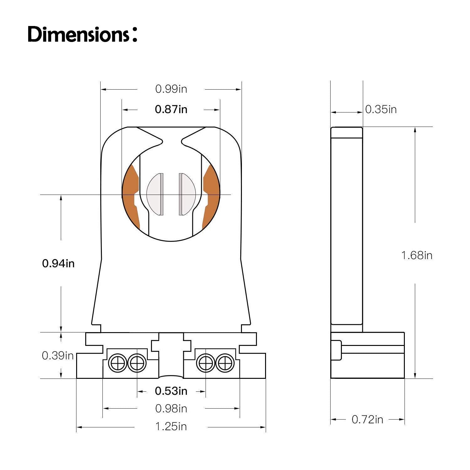 Jomitop G13 T8 Bi-Pin Socket Tombstone Lamp Holder, Copper, 50 Pack, Non-Shunted For Led Fluorescent Tube Replacement