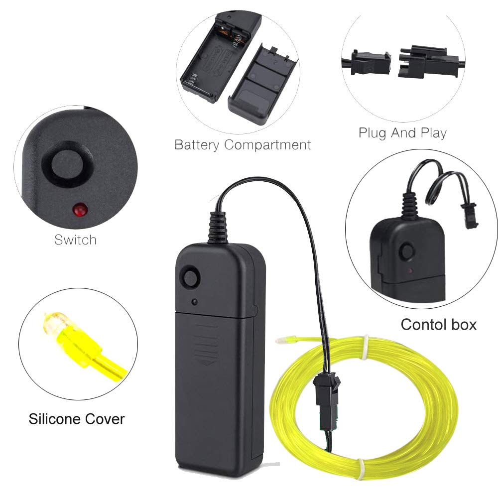 Maxlax El Wire Lime Green, 16.4Ft/5M Portable Battery Pack Neon Lights Strip 360° Cuttable Glowing Rope Lights For Parties, Halloween, Diy Decoration