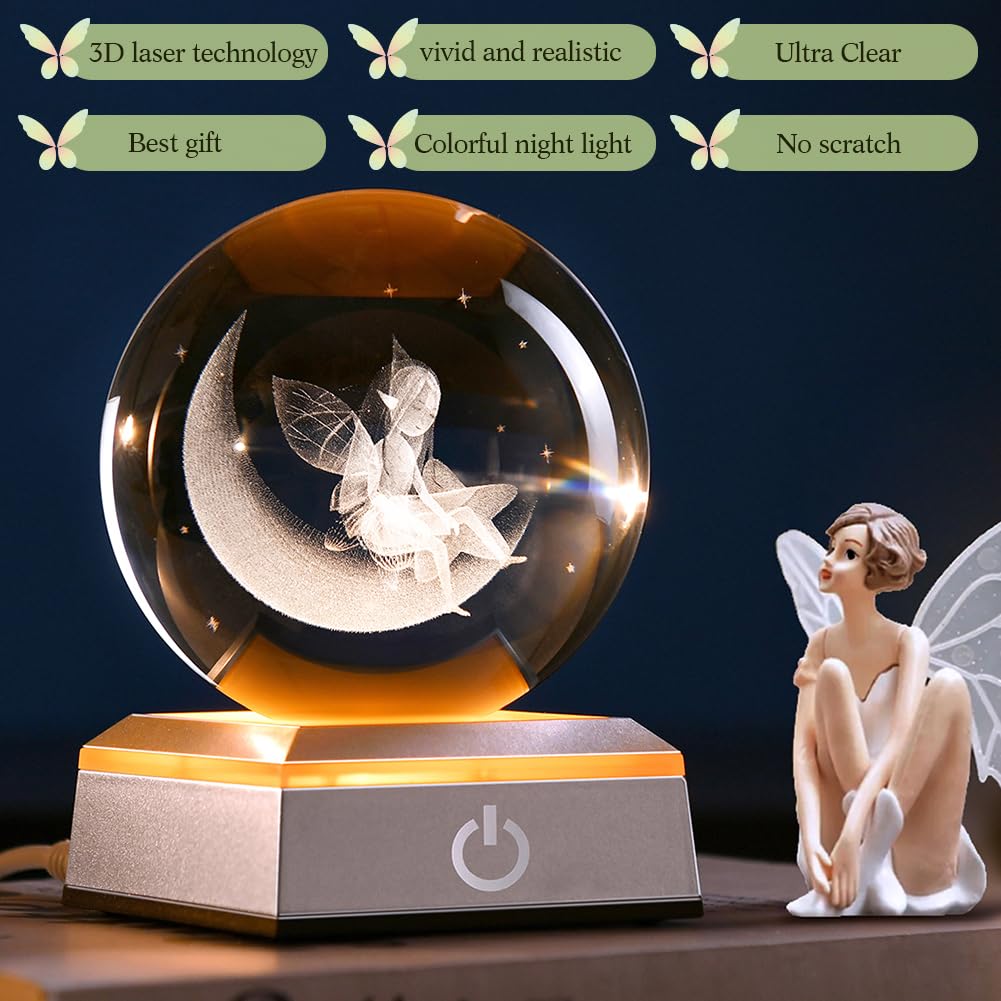 Zrenjhus 3D Moon & Fairy Crystal Ball With Colorful Light Base 80Mm Laser Fairy Glass Decorative Ball Fairy Snow Ball Gifts Expr
