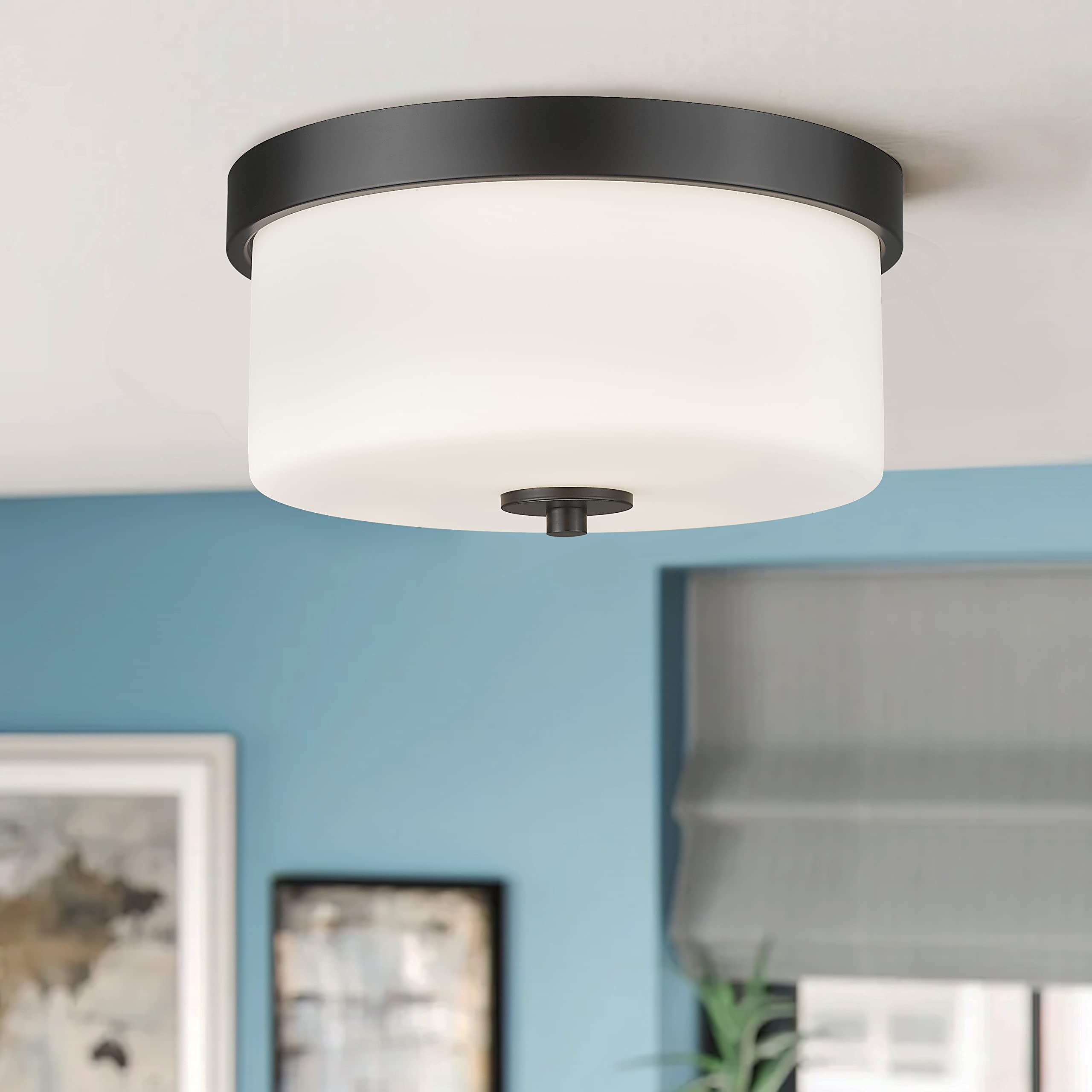 Emak Black Modern Flush Mount Ceiling Light Fixture With Milk Glass, Fm082-Bk-Ml