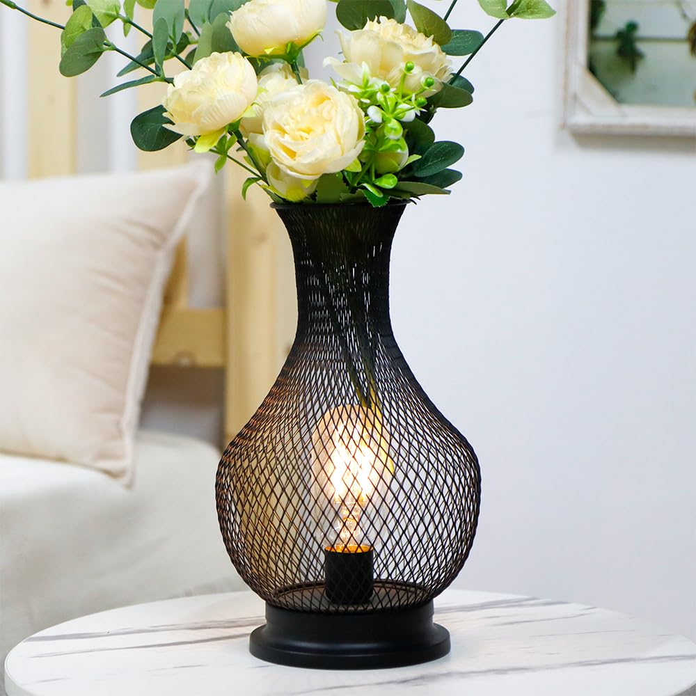 Trirocks 11'' Black Metal Battery Operated Vase Lamp With Led Edison Bulb - Decorative Indoor/Outdoor