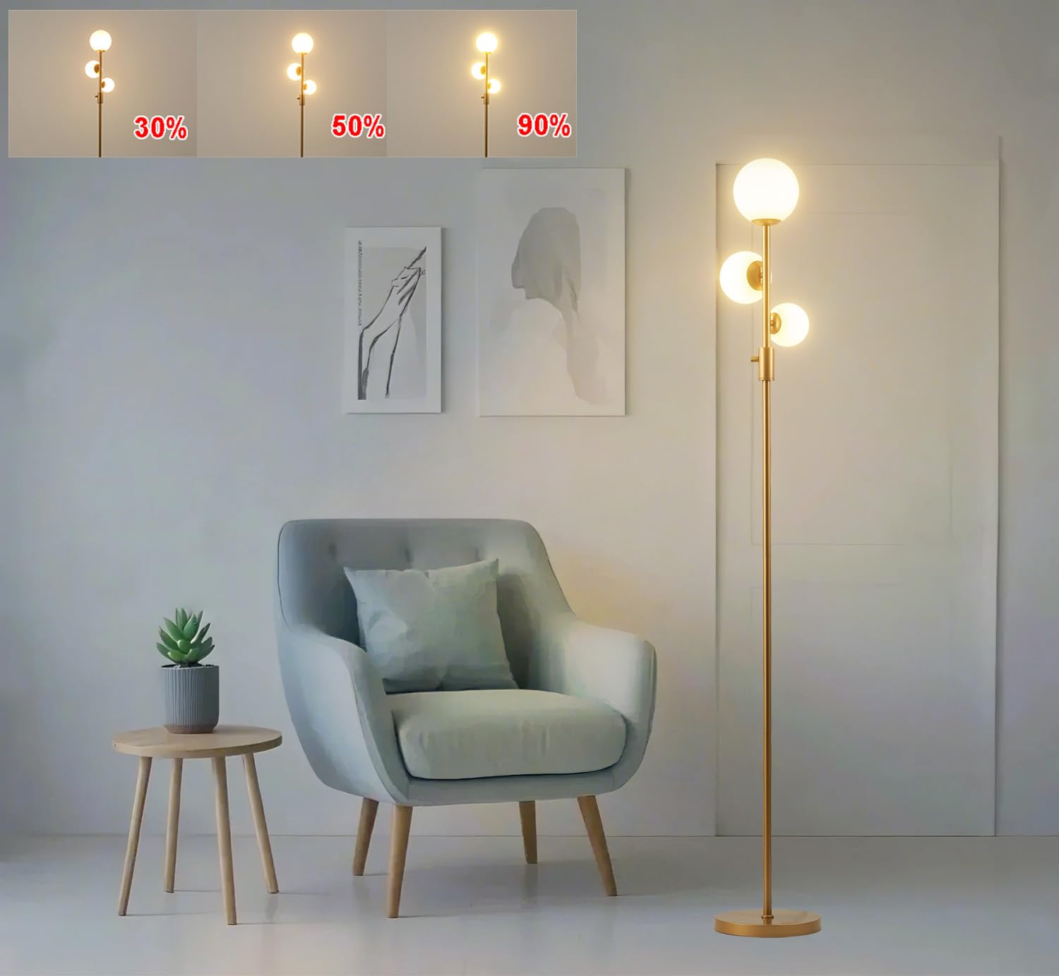 Fiqevs Upgraded Dimmable 3 Globe Floor Lamp, Mid Century Modern Gold Standing Lamp with 800 Lumens LED Bulbs & Eye-Caring Froste