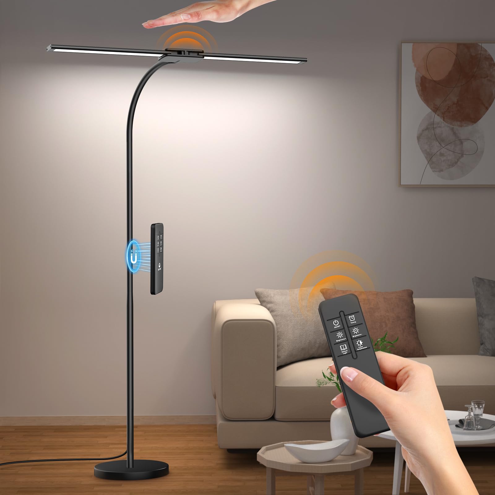 Syrinx Led Floor Lamp, Dual Head Gooseneck Floor Lamps For Living Room With Gesture Switch & Remote Control, 14W Bright Tall Sta