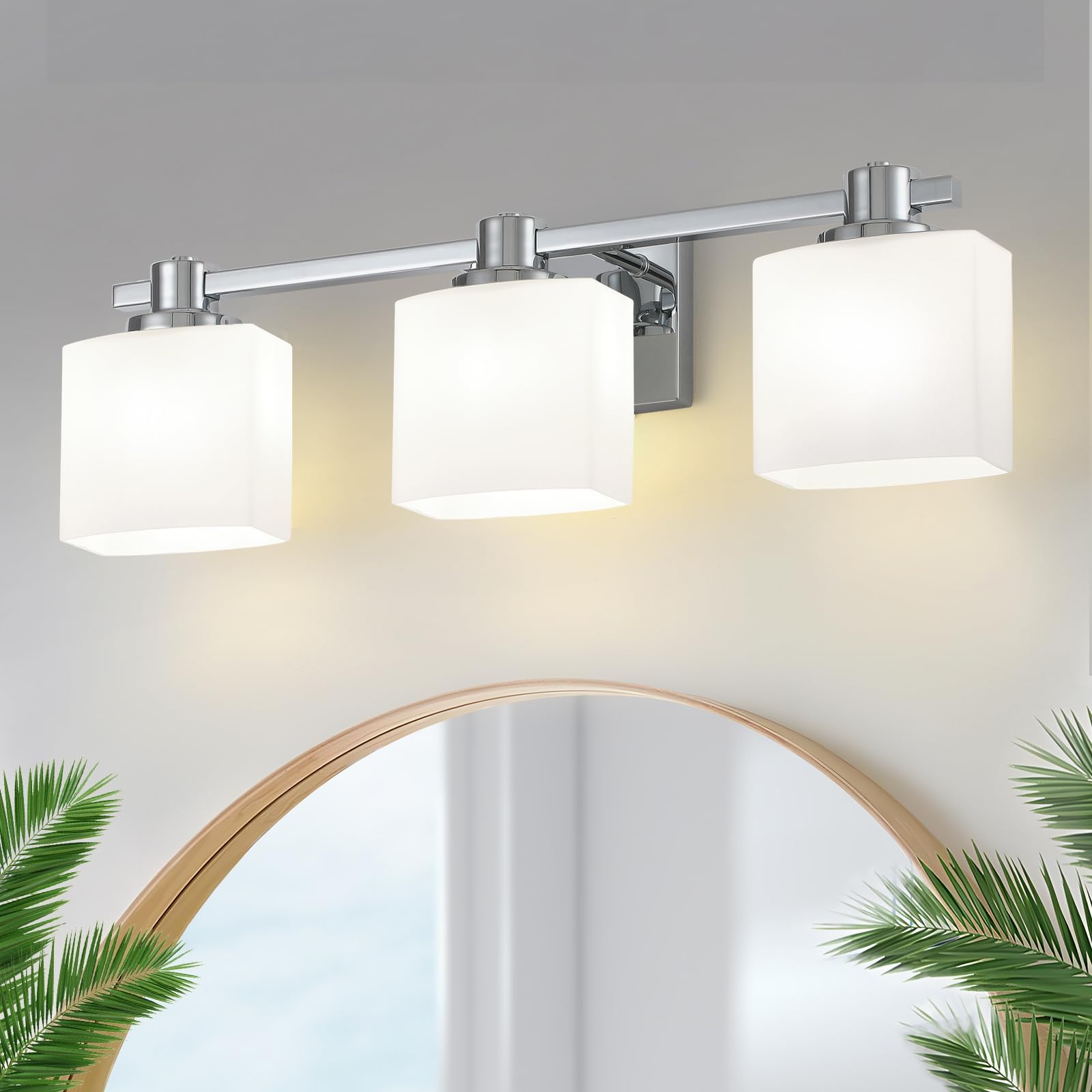 Nedyzog 24 Inch Chrome Bathroom Light Fixtures Over Mirror 3 Light Bathroom Vanity Light Silver Modern Industrial Makeup Lighting Wall Sconce Shower Farmhouse Rustic Milk Glass Lamp Above Desk Sink