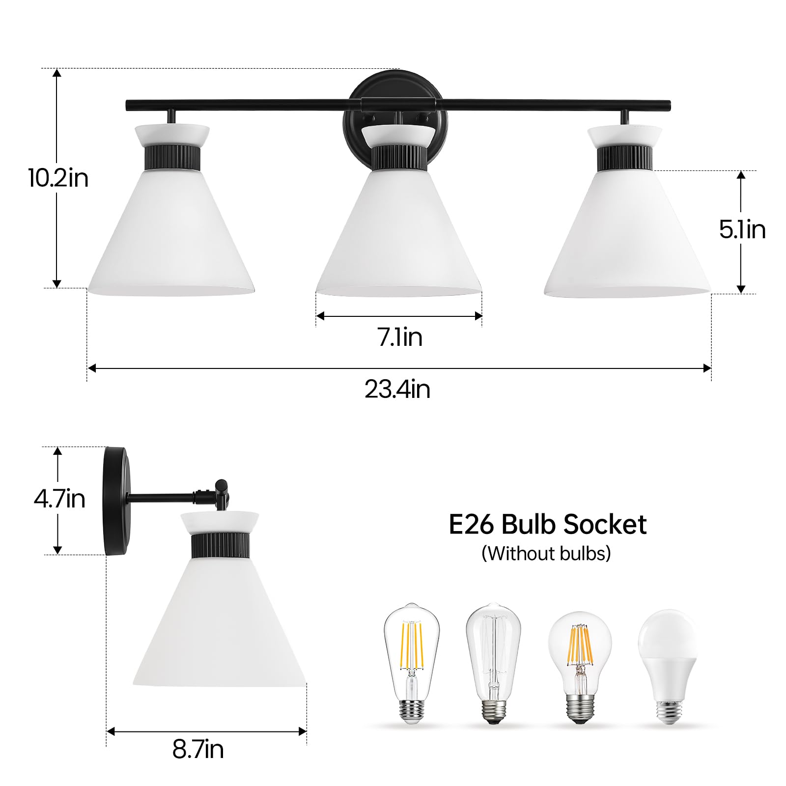 Black Bathroom Vanity Light Fixtures: Bathroom Lighting Fixtures Over Mirror 23.4 Inch With Milky White Frosted Glass, 3-Lights