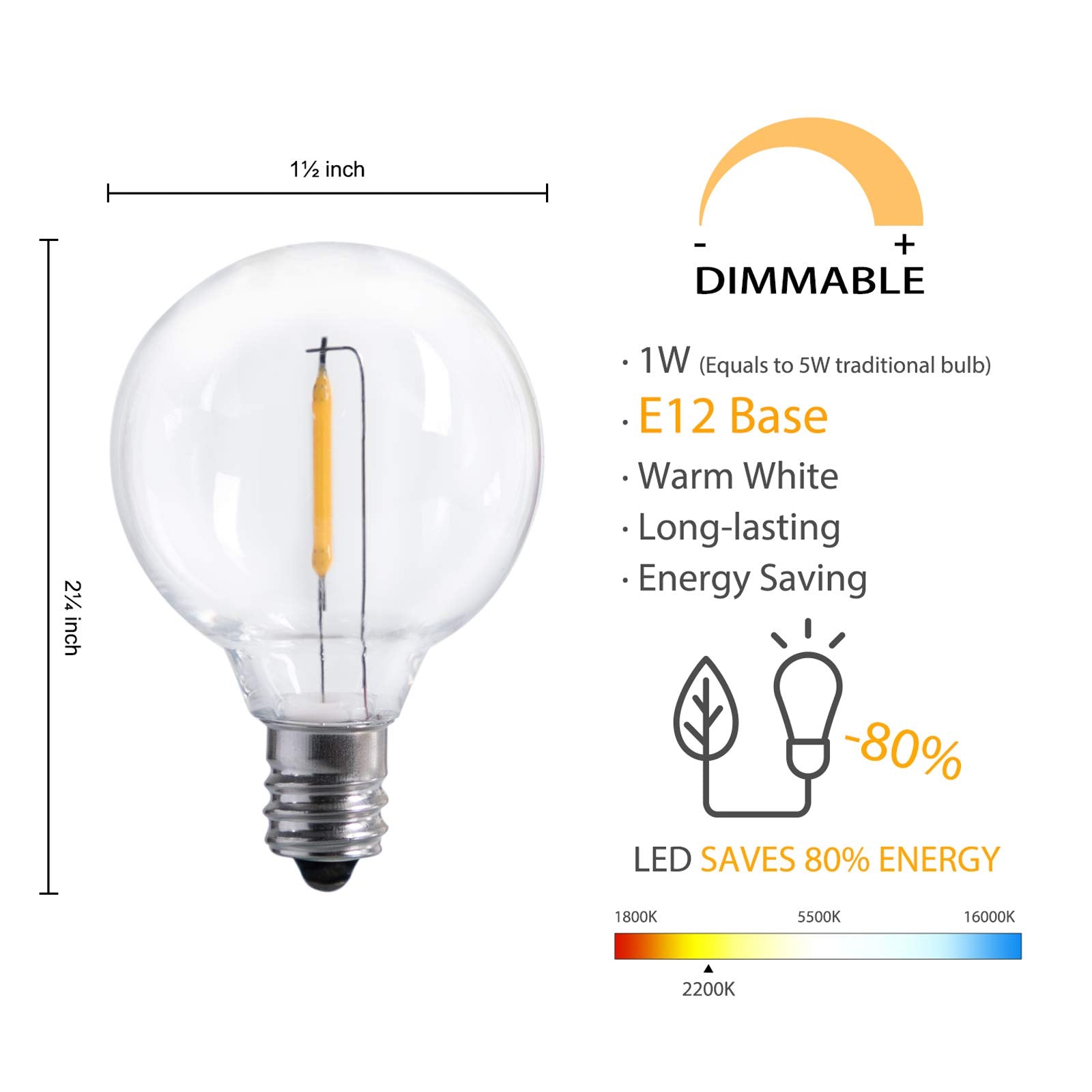 Brightown G40 Led Replacement Light Bulbs 1W Shatterproof Globe Bulb Fits E12 Or C7 Candelabra Screw Base Sockets, 1.5 Inch Dimm
