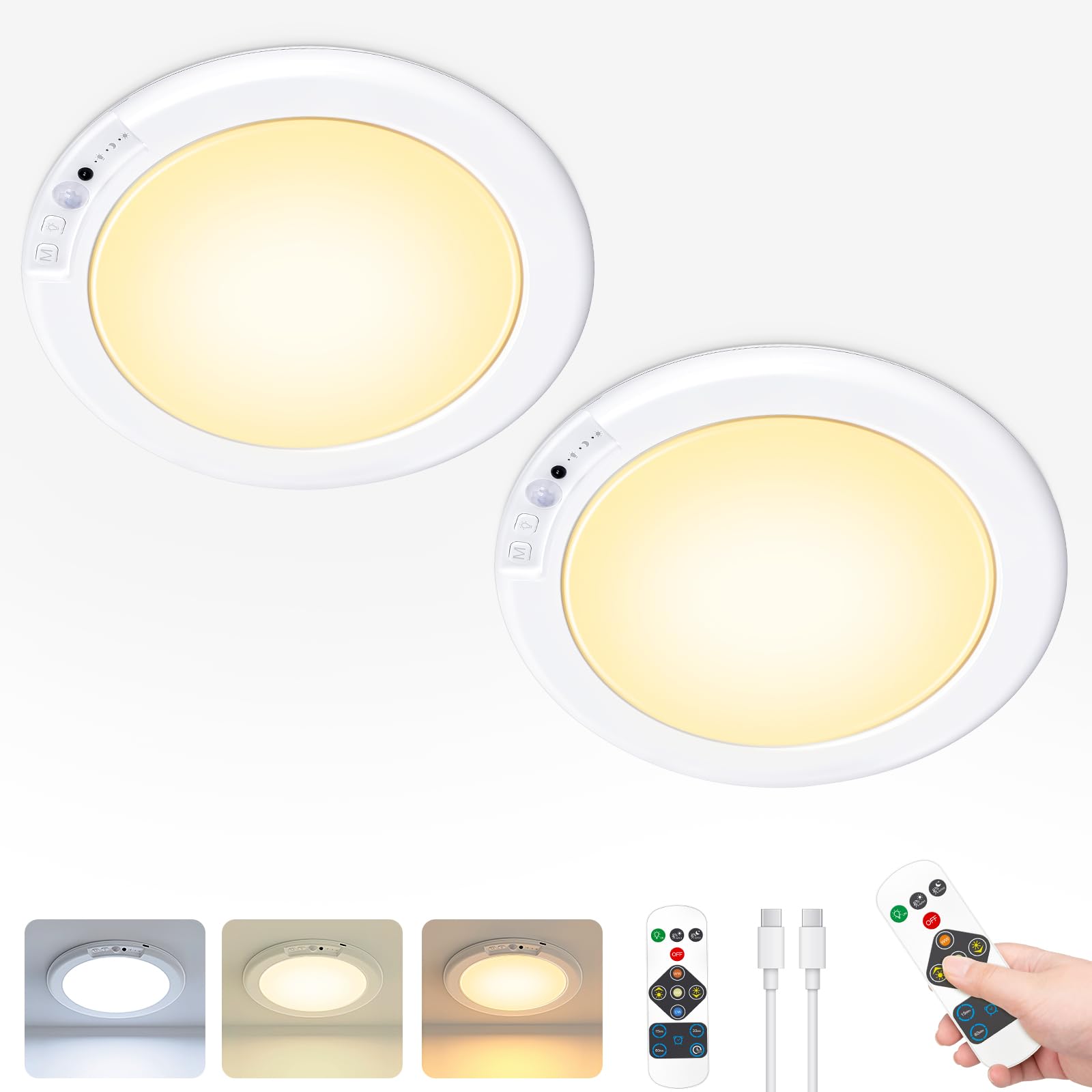 Cadrim Flush Mount Ceiling Light, Wireless Motion Sensor Rechargeable Ceiling Light Fixture Battery Operated LED Lights For Bedr