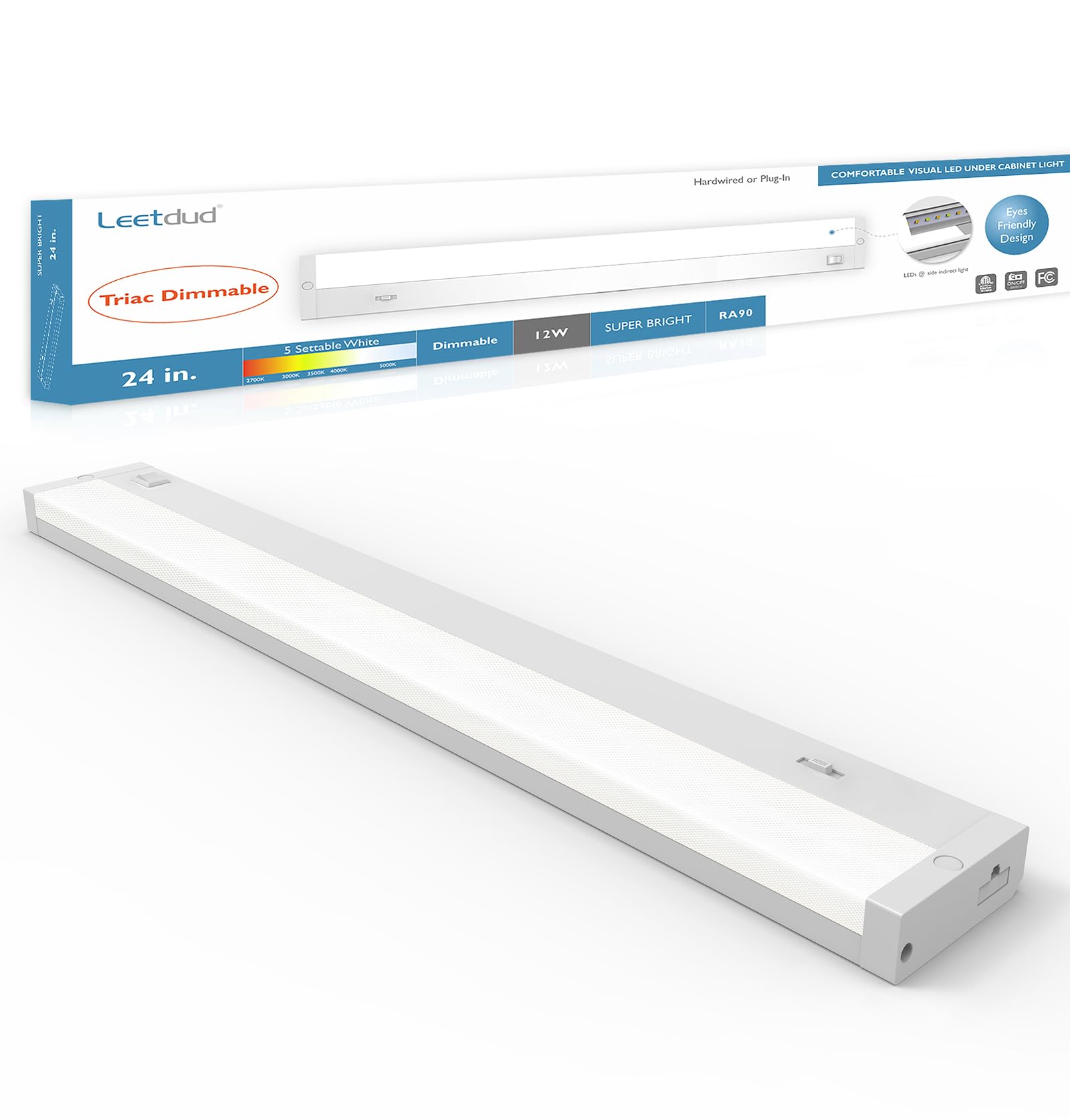 Leetdud LED Under Cabinet Lighting Hardwired or Plug in, 24 Inch 12W, Dimmable 5 Color 2700K/3000K/3500K/4000K/5000K, Linkable E