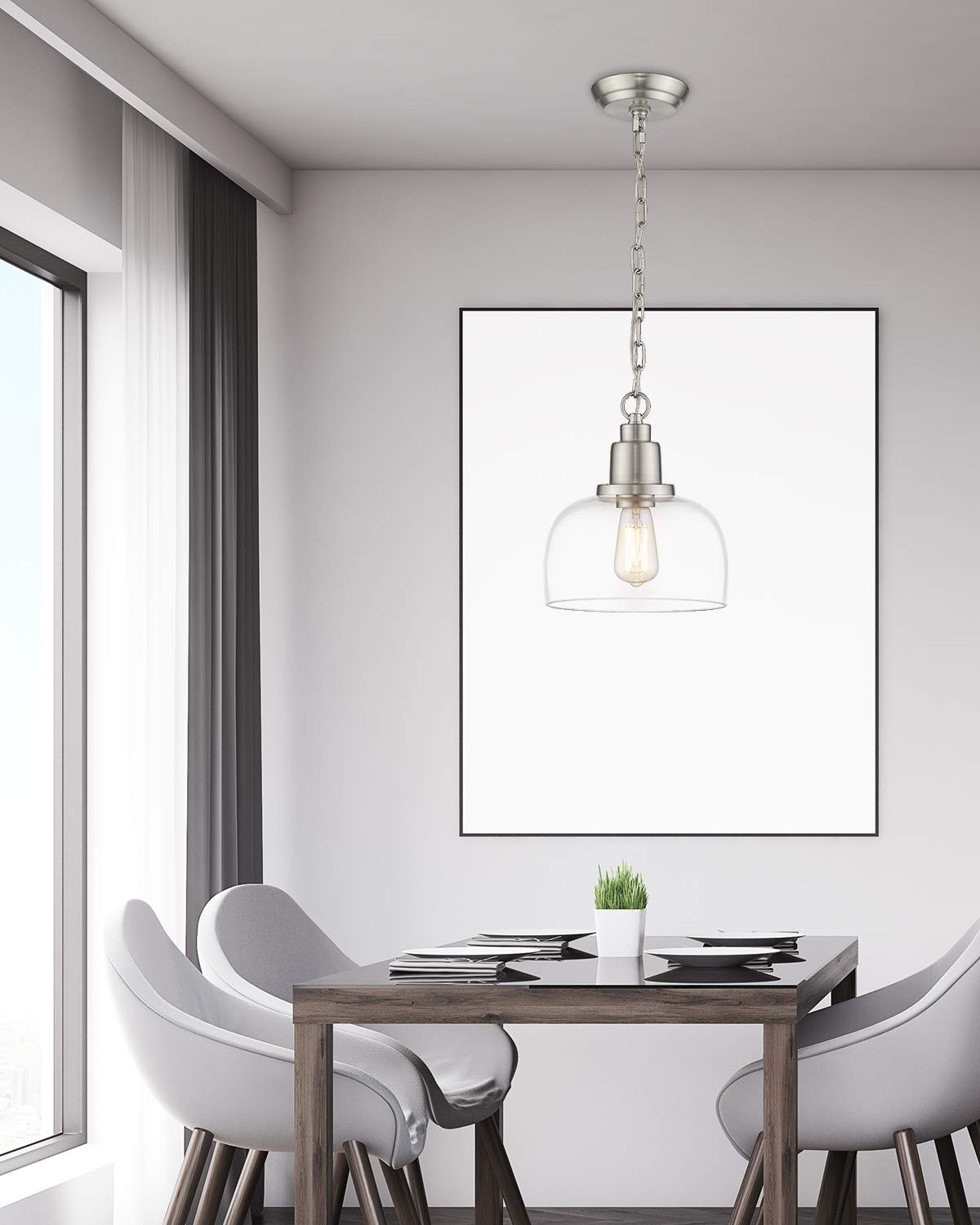 Eapudun Modern Farmhouse Pendant Light, 1-Light Brushed Nickel With Clear Glass Shade