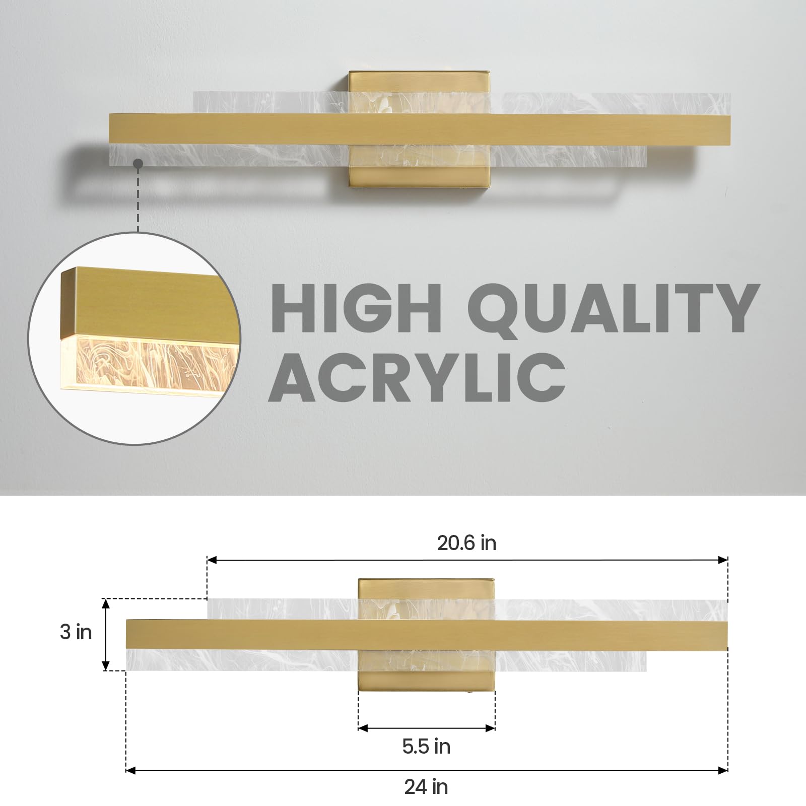 Hahzt Modern Bathroom Vanity Light: Brushed Gold 24 Inch 28W Dimmable Led Bath Bar Light Fixtures Over Mirror - Wall Sconce Picture Lights For Paintings Cabinets Bedroom 3000K