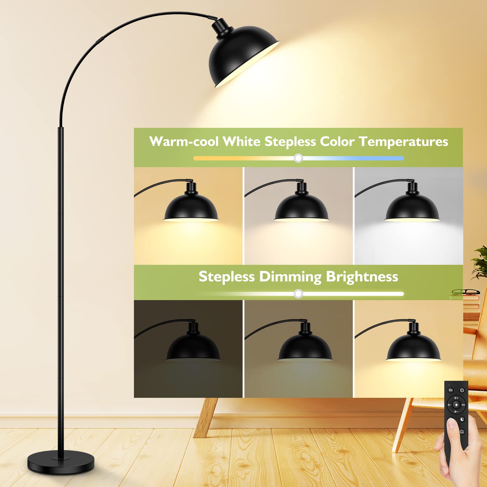 Arc Floor Lamps For Living Room, Modern Tall Standing Lamp Remote Control,Stepless Dimmable Black Floor Lamp With Hanging Dome Shade, Over Couch Arched Reading Lamp For Bedroom (Bulb Included)