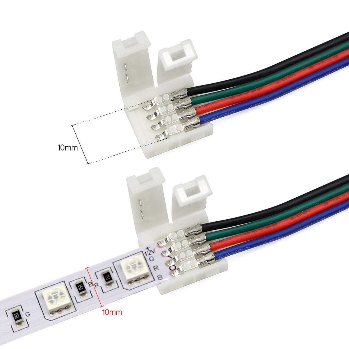 Fntek LED Connector Kit for 5050 RGB 4 Pin, Copper & PBT, 10mm, Includes Splitter & Extension Cables, White