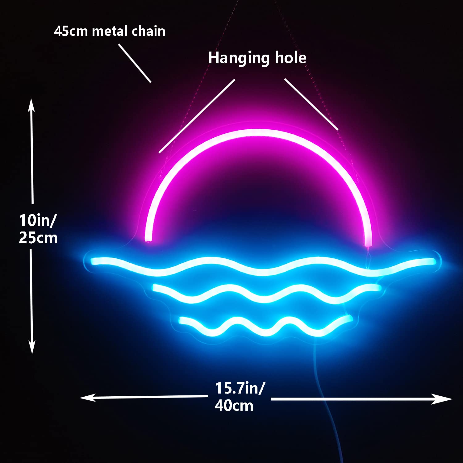 GMMLLG Sunrise Sunset Neon Sign, Dimmable Wave Design, 15.6in, Ice Blue & Pink, Strong Transparent Acrylic, Tropical Bedroom Decor