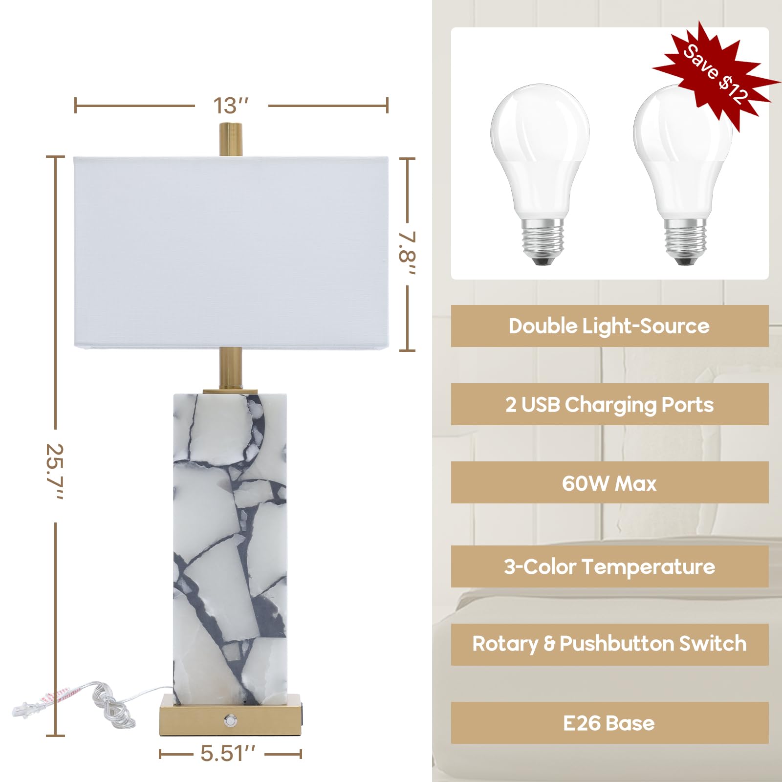 Vallerico Natural Marble Table Lamps Set of 2 - Alabaster with Nightlight, USB Ports, Gold - Ideal for Bedroom or Living Room, Bulbs Included