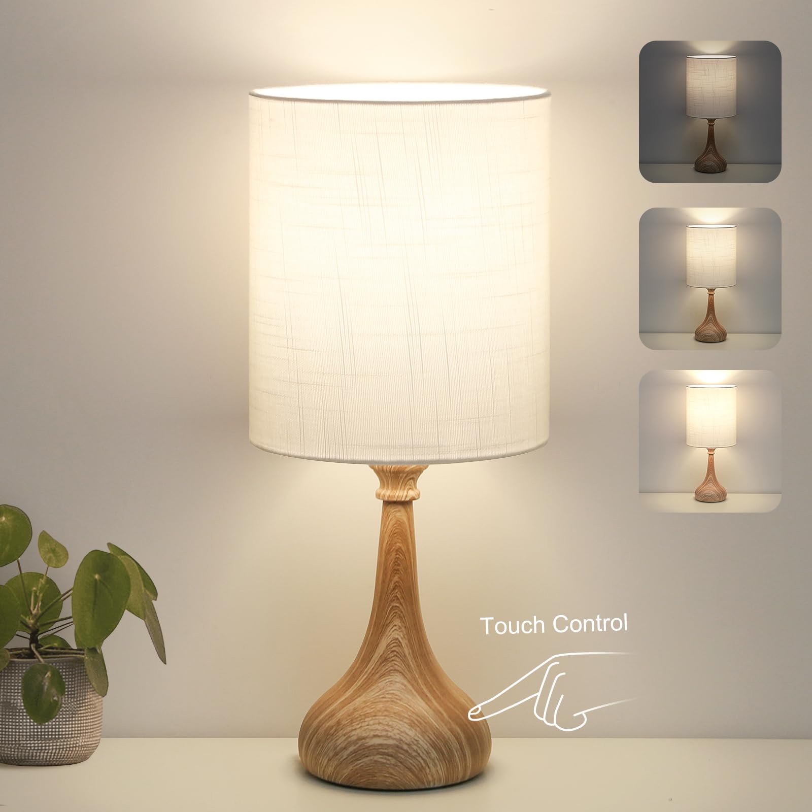 Dimmable Small Table Lamp, Bedside Lamps Touch Control for Bedrooms Nightstand with Wood Grain Base, Desk Lamp Night Light for O