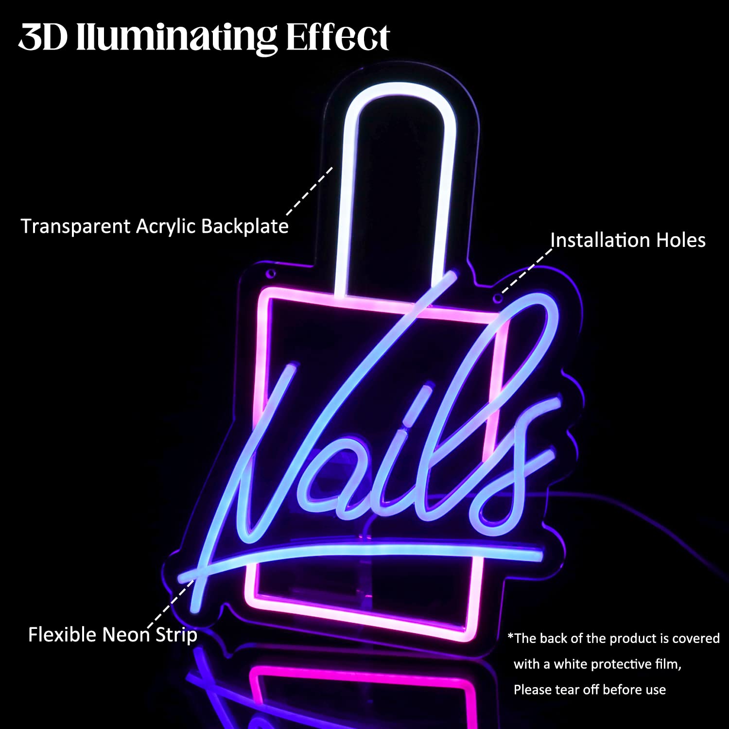 CKTBLEY Neon Sign LED Wall Light - Acrylic Nail Polish Decor - Pink, Blue, White - Perfect for Bedroom and Beauty Room