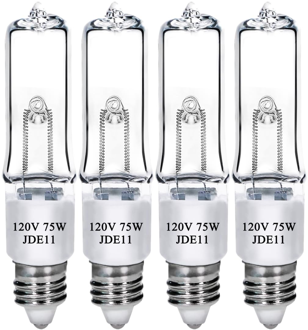 Lachesan Jde11 120V 75W T4 Mini Candelabra Base(Replacement E11 Led Bulb) 2700K Clear Dimmable Jd E11 Halogen Light Bulbs For Chandeliers  Ceiling Fan  Table Lamps  Cabinet Lighting  4 Pack