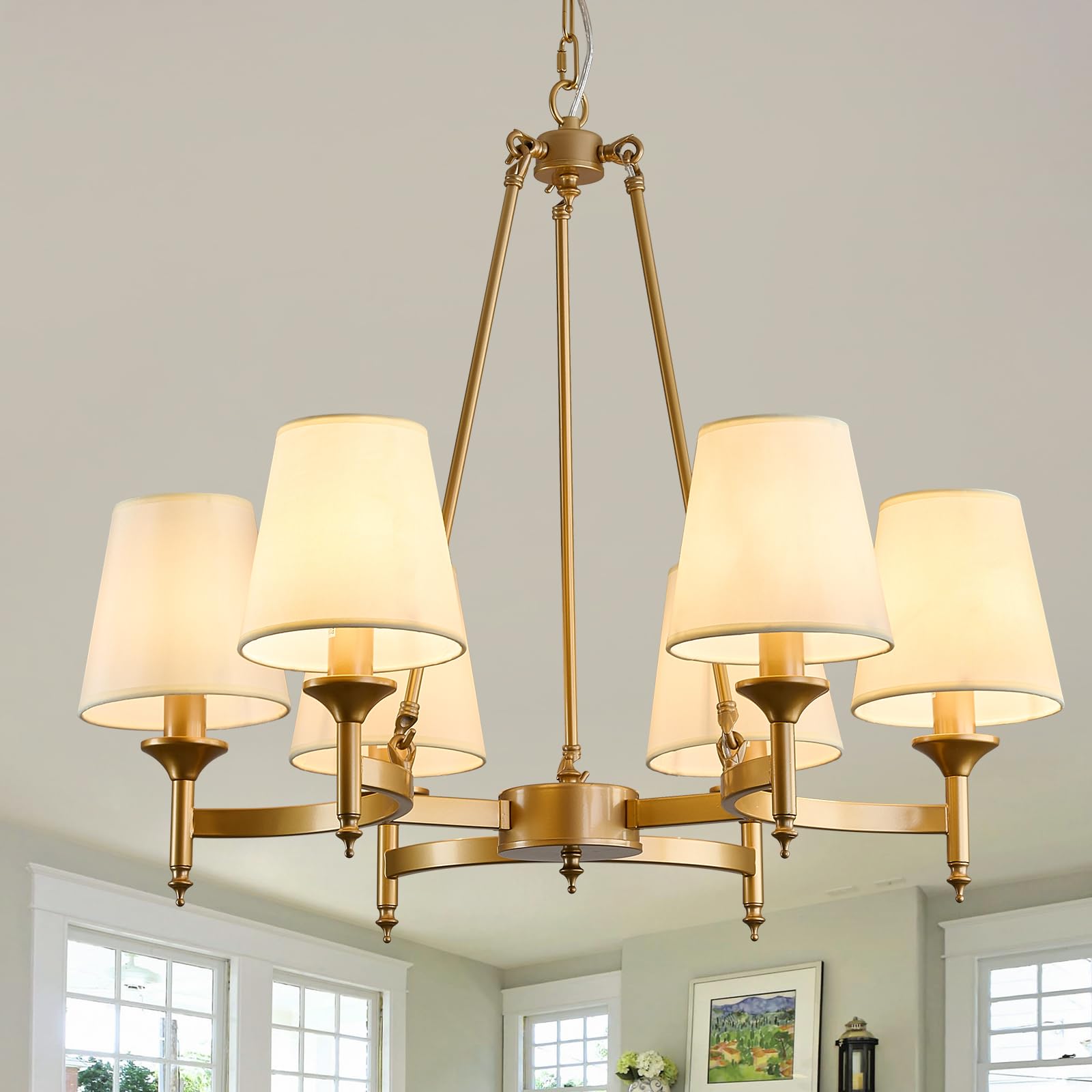 Qgiytp Gold Wagon Wheel Chandelier With White Linen Shade 6-Light Industrial Ceiling Light Fixture 26.8Inch Large Farmhouse Hang