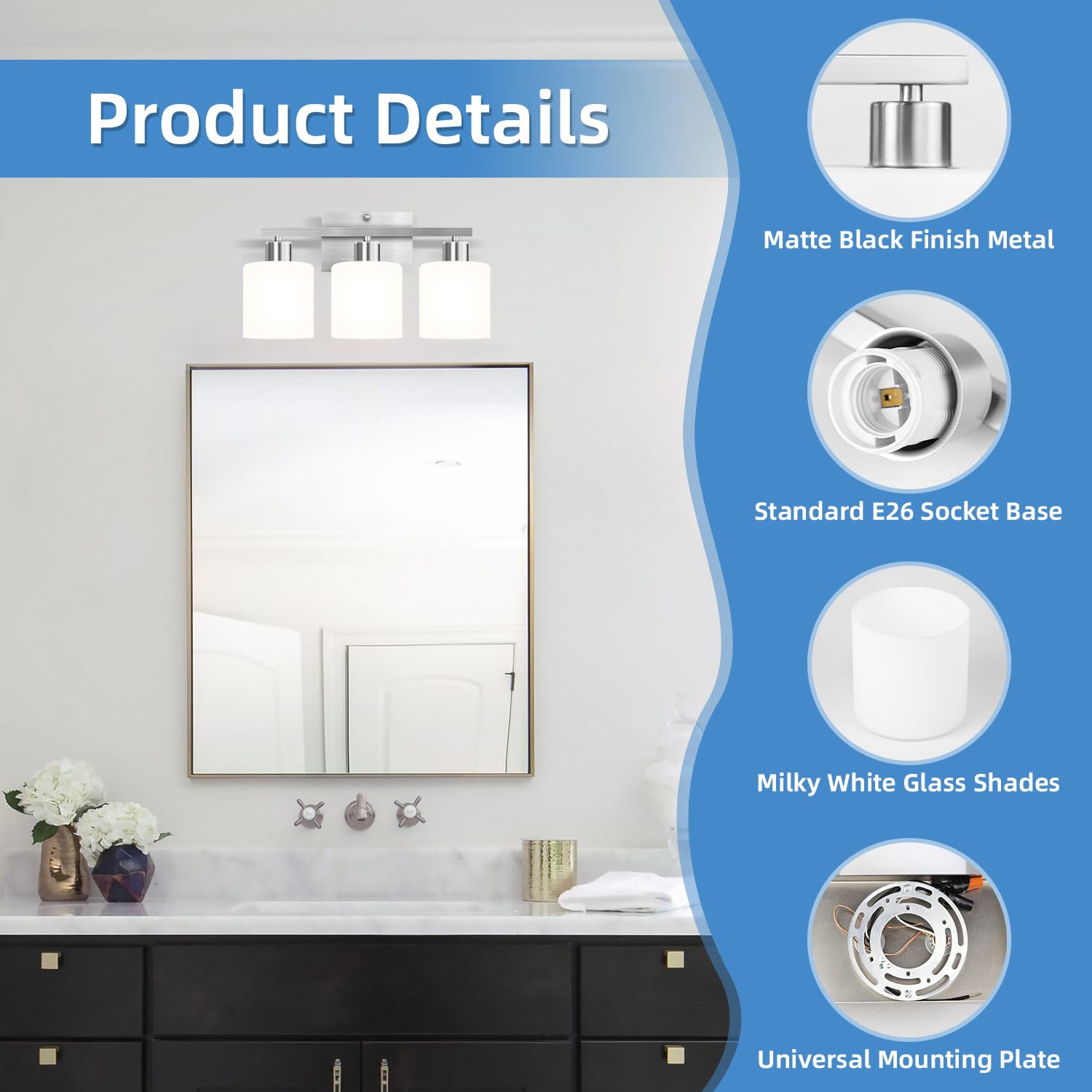 SILAMPDI Bathroom Light Fixtures, 3-Light Vanity Lights, Brushed Nickel, Milky White Glass Shades, Model SLD-JQD-S