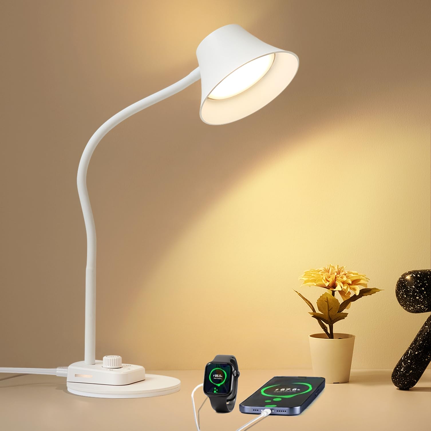BOHON LED Desk Lamp, Fully Dimmable, USB A & C Charging, 5 Colors, Auto Timer, Model BH-DL24W-LBD, White
