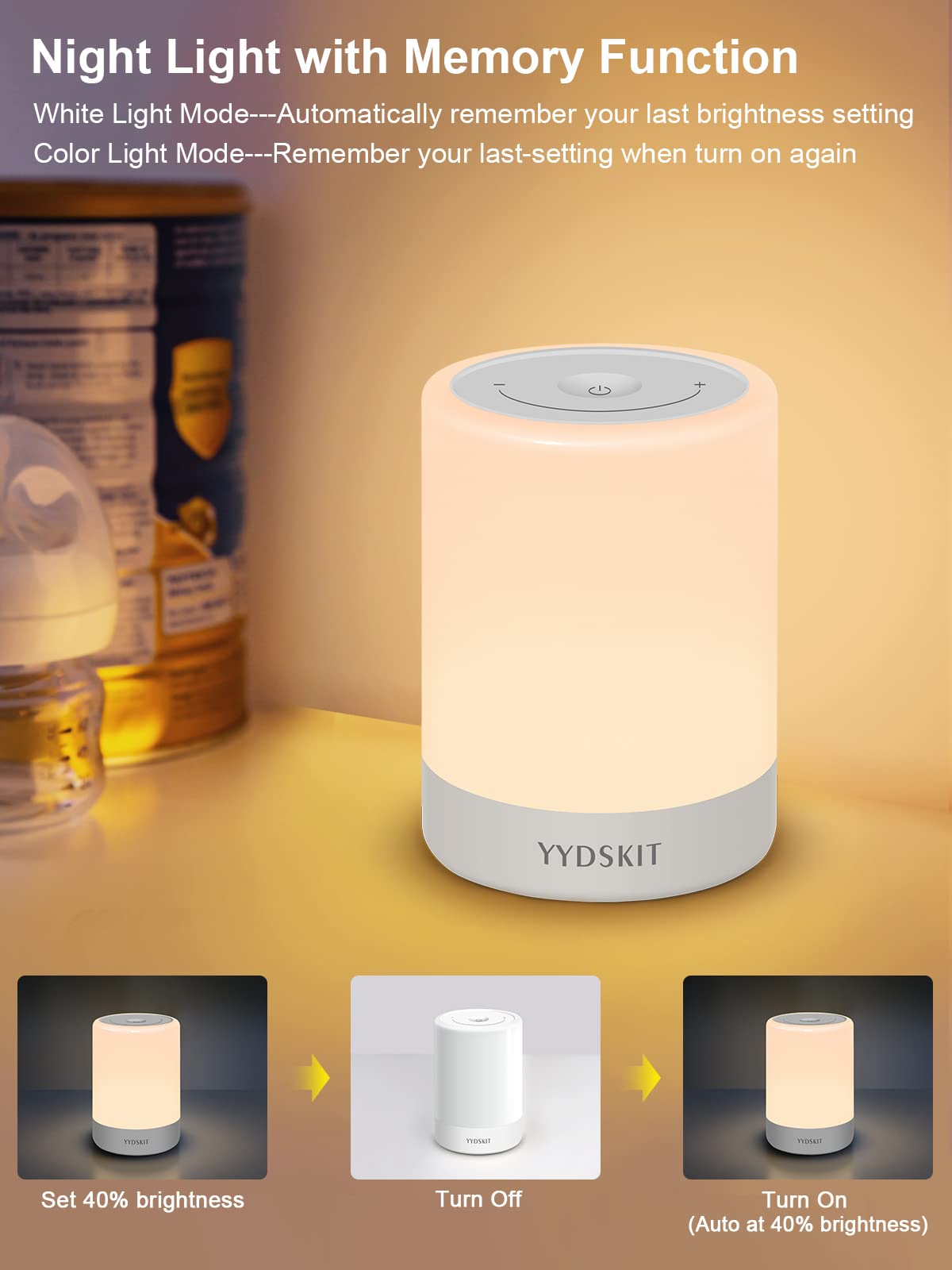 Yydskit Baby Night Light, Nursery Night Lamp For Breastfeeding, Portable Nightlight For Kids Toddlers Bedroom, Warm & Soft Bedside Lamp, Touch Control, Rechargeable, Lasting Up To 100Hours