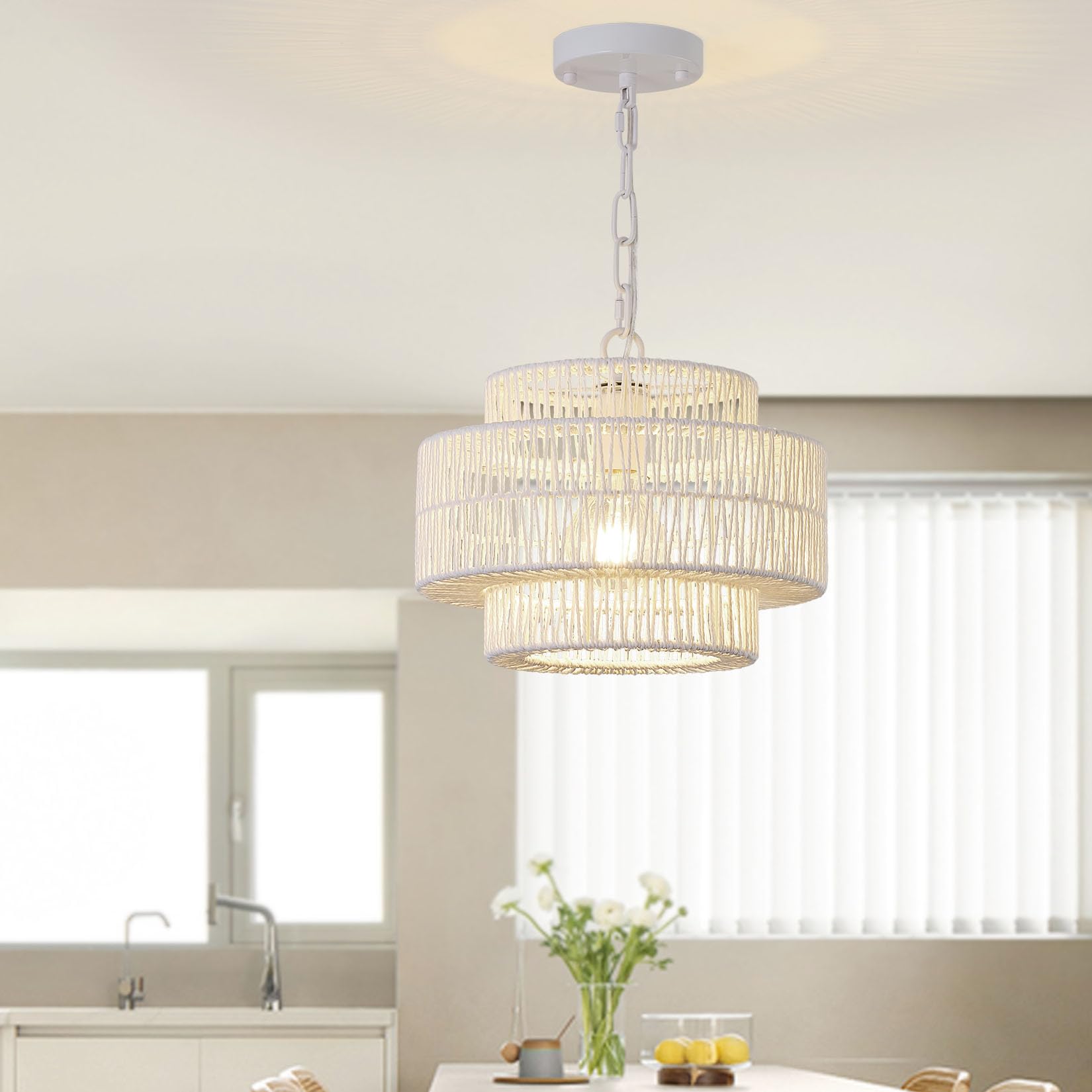 Giutna 12.4'' Large Boho Rattan Farmhouse Chandeliers For Dining Room, Rattan Hand-Woven Rustic Drum Chandelier Pendant Light Fi