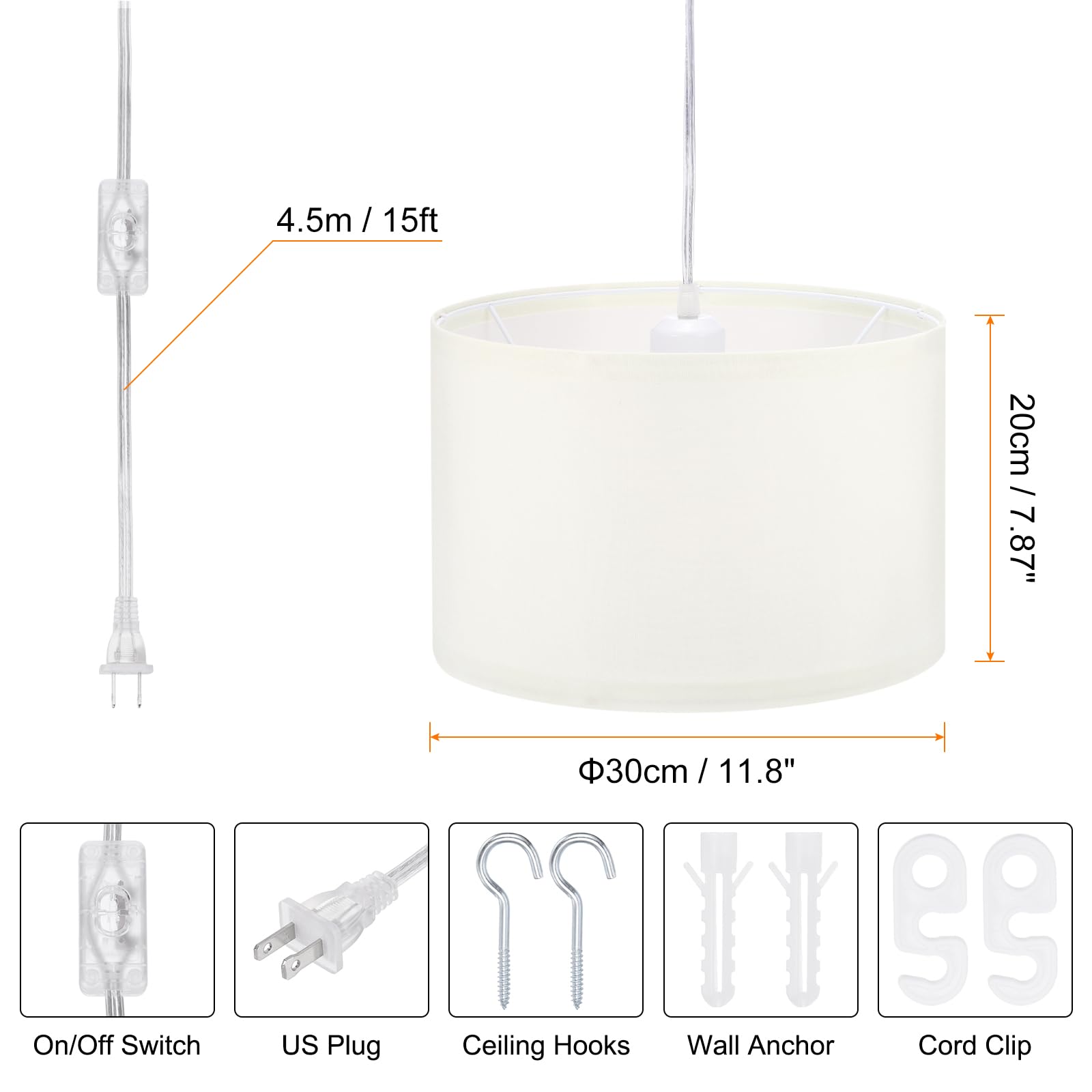PATIKIL Pendant Light, 15Ft Rope Cord, E26/E27 Socket, Linen Fabric Shade, Beige White