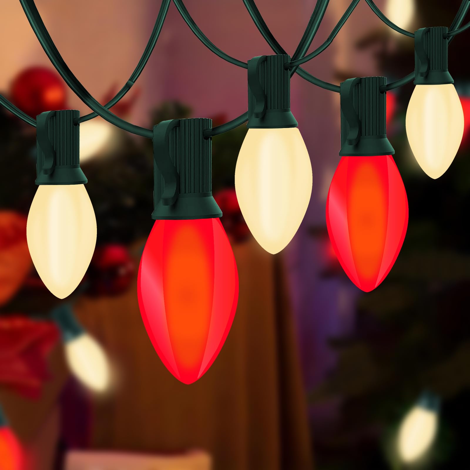 C7 LED Red and White Christmas Lights, 25Ft Outdoor Christmas String Lights with 27 LED Red and White Plastic Bulbs, Vintage Chr