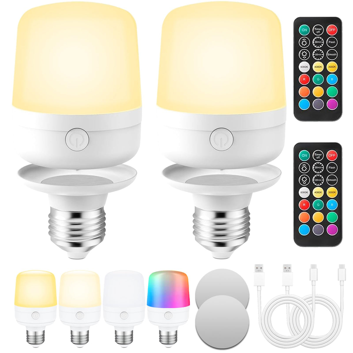 Bobopai Led Rechargeable Light Bulbs With Remote, 12 Colors, E26 Battery Operated Light Bulb For Lamps, Dimmable Usb Battery Bac