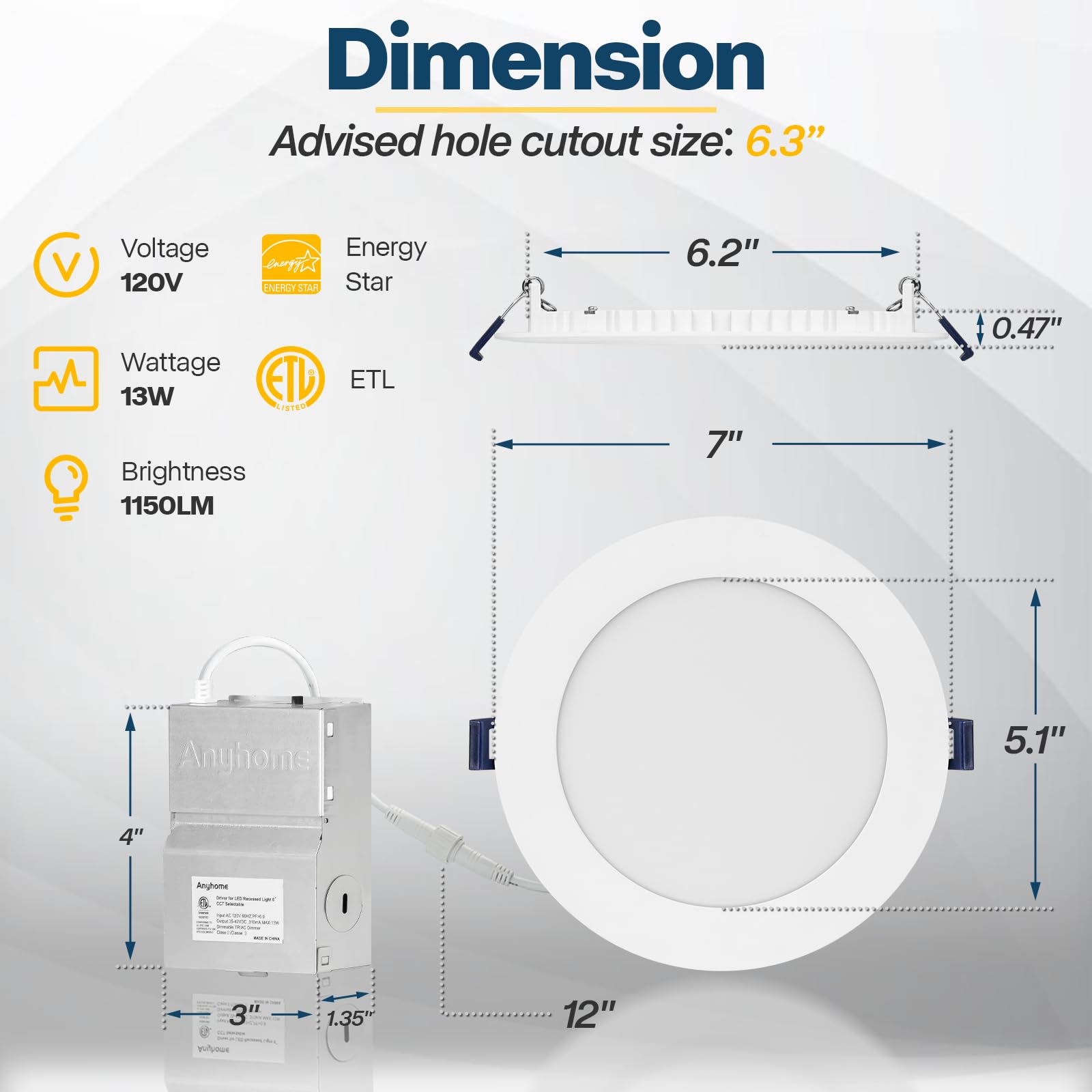 Anyhome 12 Pack 6 Inch Led Recessed Lighting, 5Cct Selectable 2700K-5000K, 13W 1150Lm, Dimmable Canless Recessed Lighting 6 Inch