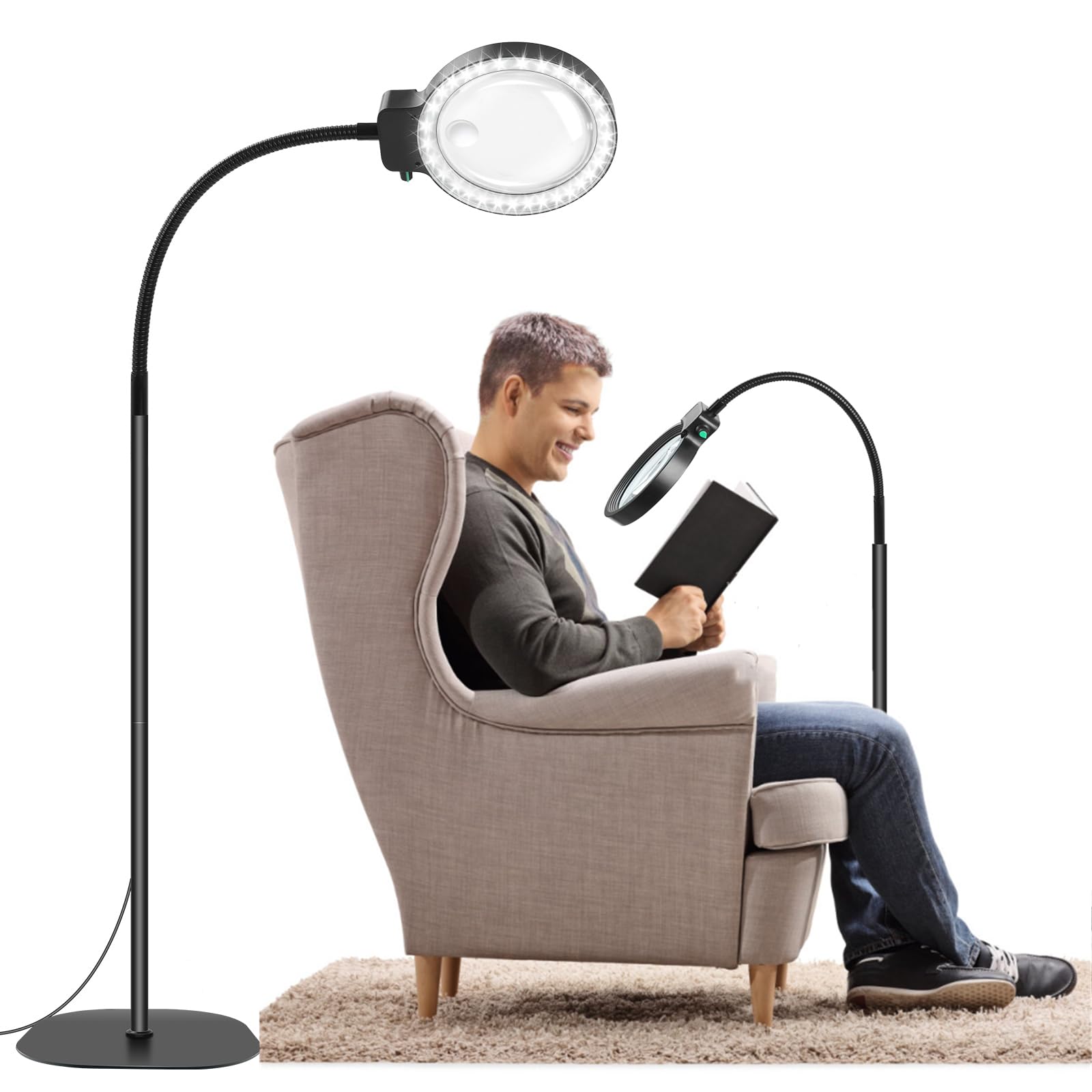 10X 30X Large Floor Magnifying Glass with Light and Stand,36 LED Flexible Gooseneck Magnifying Lamp, Adjustable Brightness Large