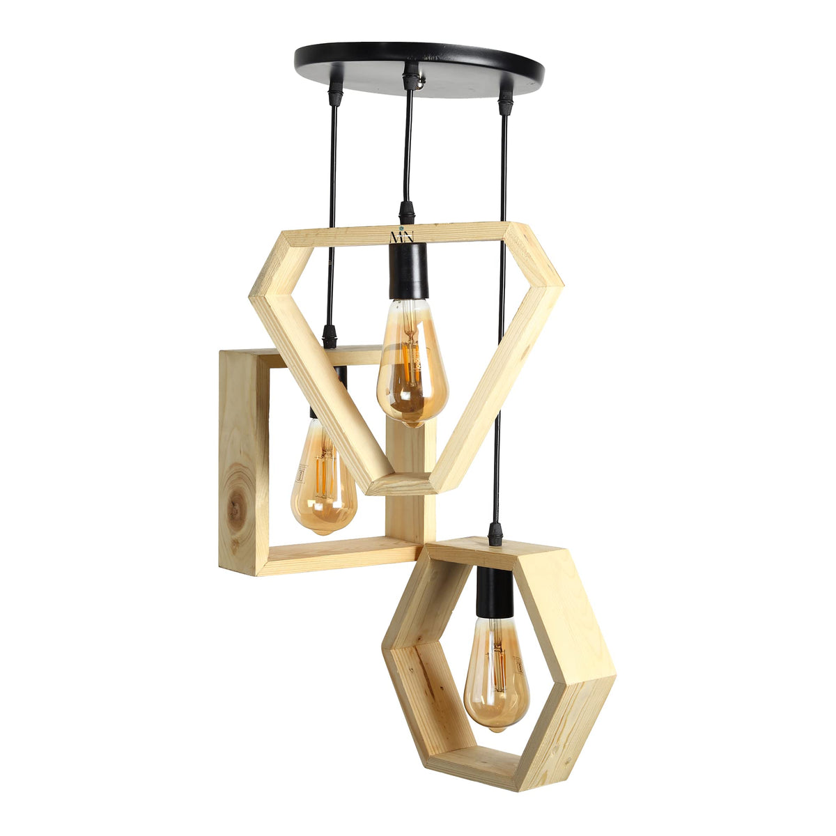 M.N.LITE Wooden Head Simple 3 Different Design Hexagon Square Triangle Shape Pendant Light Lamp for Study, Coffee Shop (Brown)-M