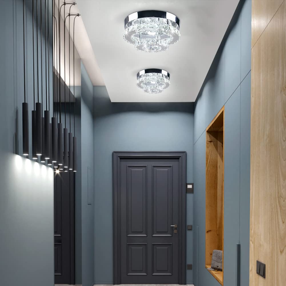 Cainjiazh Mini Chandelier Led Crystal Ceiling Light 2 Layers Round Flush Mount Ceiling Light Modern Chandelier Lighting For Hallway Staircase Kitchen Bathroom (Multicolor)