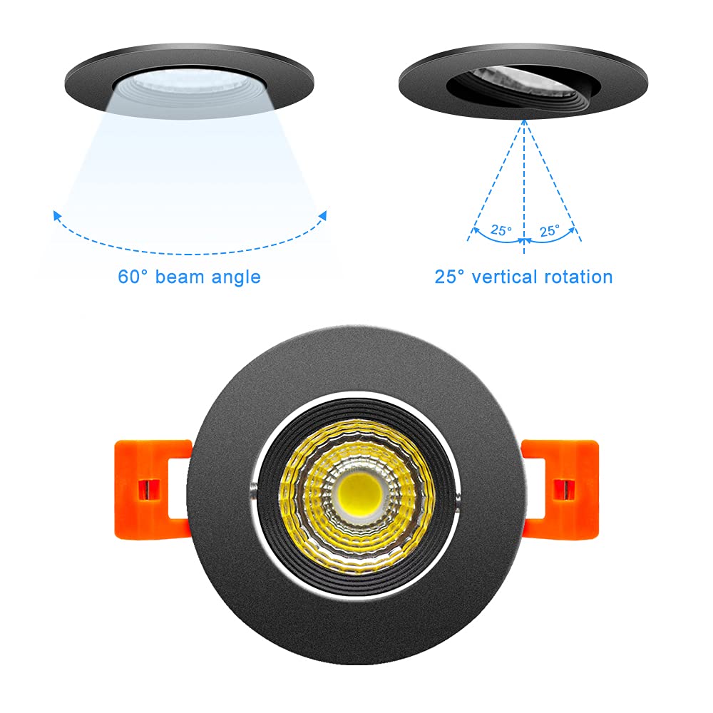 2Inch Led Recessed Ceiling Light, 3W Dimmable Led Downlight, Daylight White 5500K, 60 Beam Angle Cob Recessed Lights With Driver, 25W Halogen Bulbs Equivalent For Ceiling Lighting, Black 6Pack