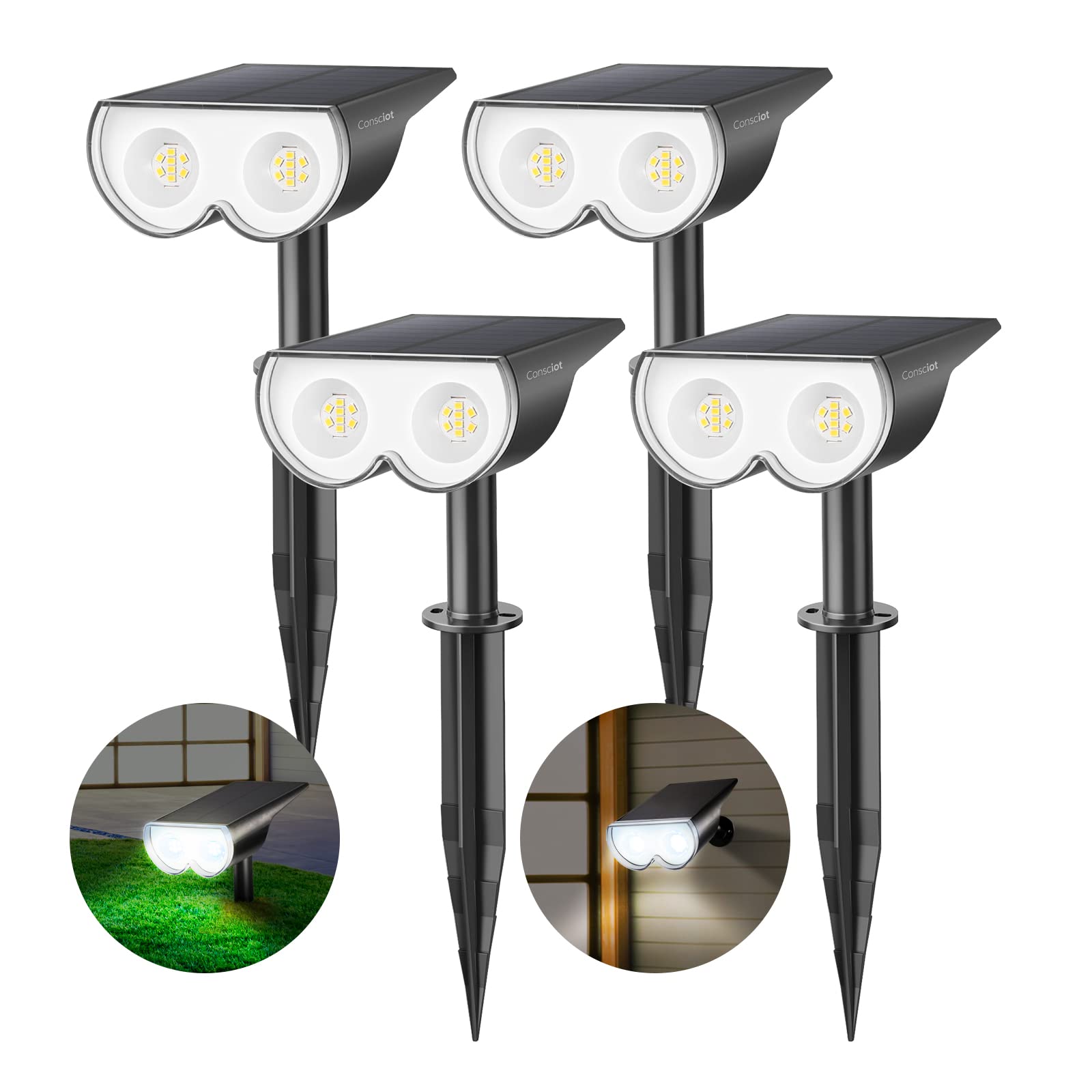 Solar Spot Lights Outdoor, Consciot 16 Leds Ip67 Waterproof Solar Outdoor Lights, Auto On/Off Solar Landscape Spotlights,2-In-1 Adjustable Wall Lights For Garden Yard Pathway,4 Pack (Cool White 6500K)