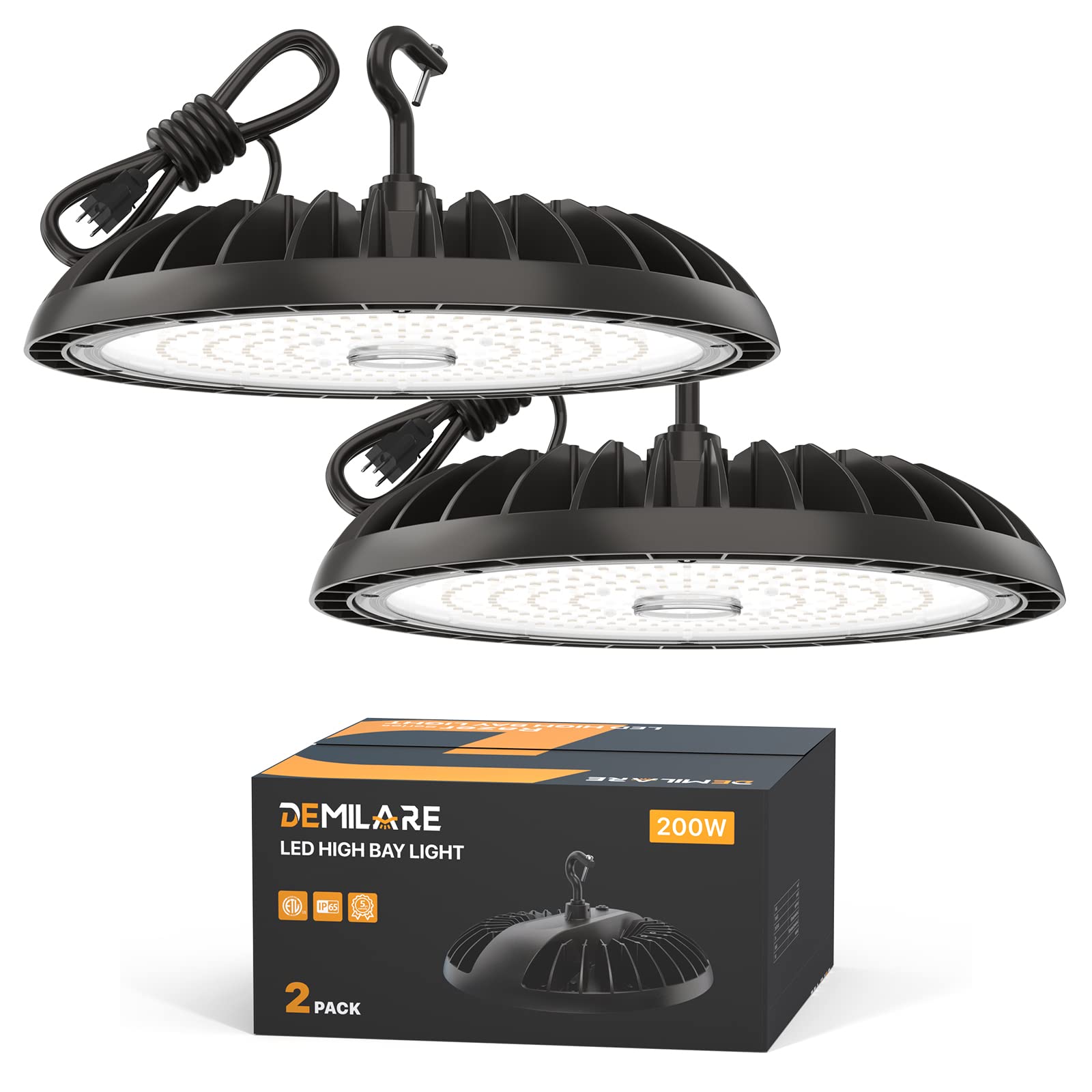Demilare 2 Pack Led High Bay Light 200W 30000 Lm, 5000K Ufo High Bay Led Shop Lights Etl Listed Us Hook 5' Cable Plug, 800W Mh/Hps Eqv. Commercial Lighting For Workshop, Garage, Warehouse 100-277V