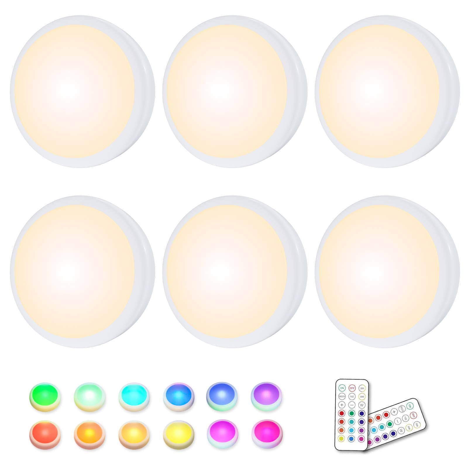 HELPLEX LED Puck Lights 16 Colors Dimmable Battery Powered Mini Night Light with 2 Remote Controls, 6 Pack, No Battery Included