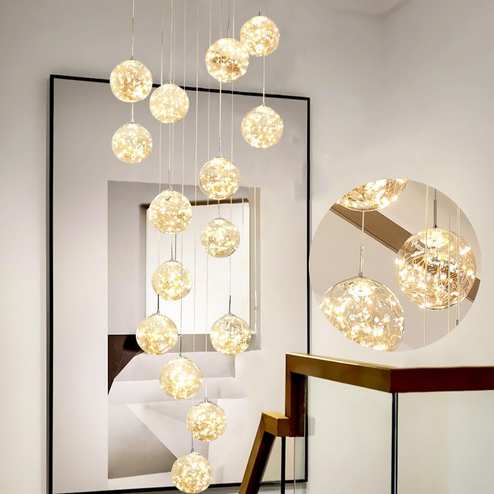 KAUCQI 10-Light LED Chandelier, Adjustable 16inW x 79inH, Modern Crystal Ceiling Light for High Ceilings, Yellow, Model ZG-1001
