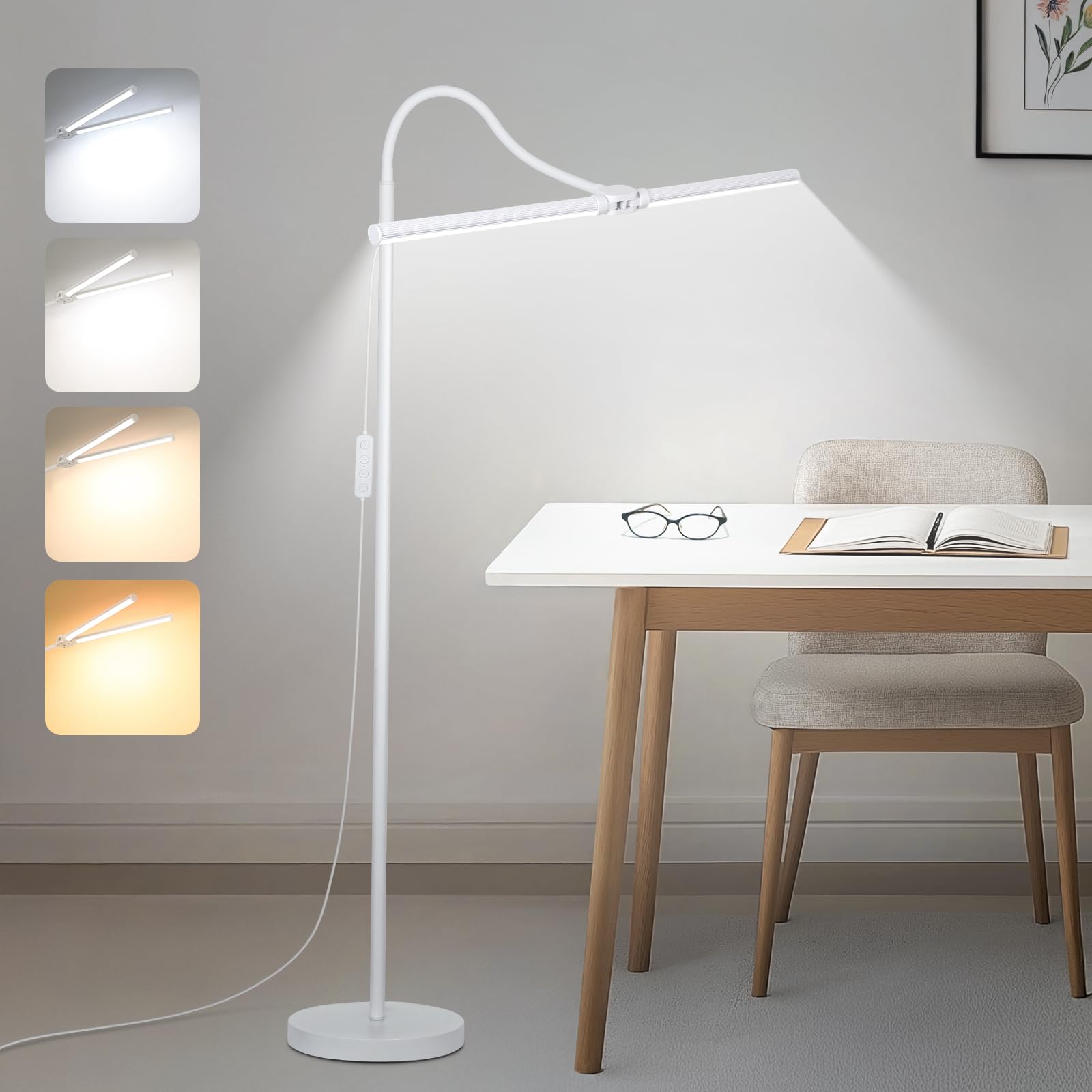 White Floor Lamp, 15W/1800LM Bright LED Floor Lamp for Living Room, Adjustable Gooseneck Dimmable Standing Office Task Lamp for 