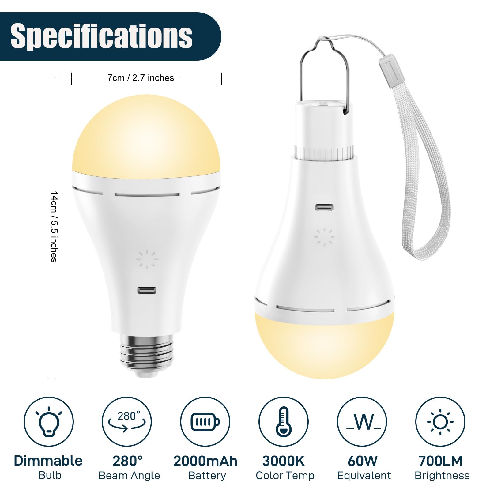Brightown E26 Rechargeable Light Bulb With Remote And Timer, Battery Backup Bulb For Sconces And Lamps, Hanging Led Light Bulb W