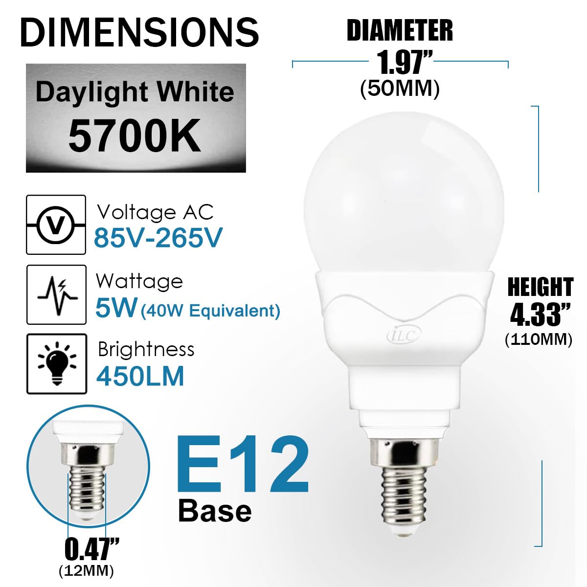 Ilc E12 Led Light Bulbs (40W Equivalent) 5W, Color Changing Rgb, 5700K Daylight White, Small Base Candelabra Round Light Bulb, A