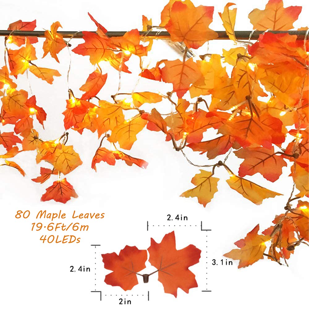 Maple Leaves Fall String Lights - 40LEDs 20ft/6m Thanksgiving Day Decorations Waterproof Battery Powered Indoor/Outdoor Lighted