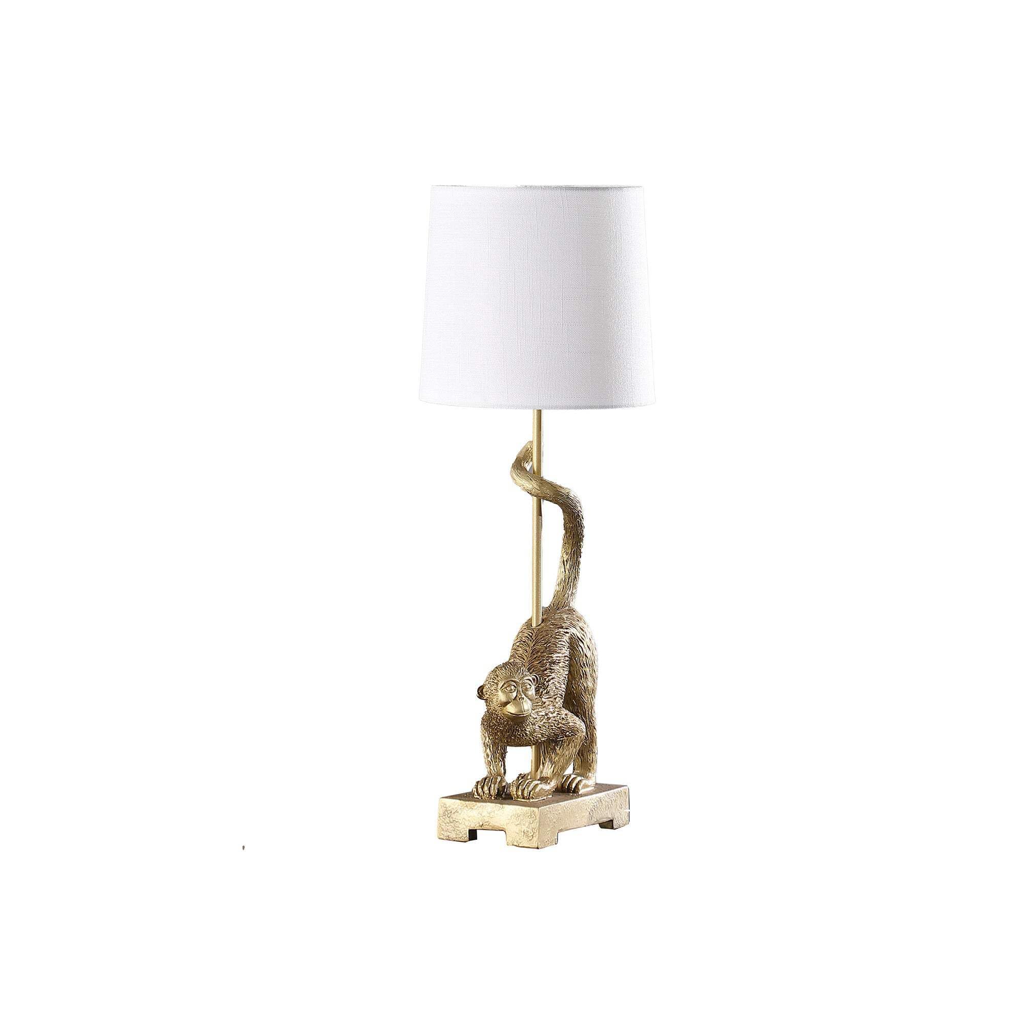 Homeroots Gold Monkey Table Lamp With White Drum Shade, 24 X 9 X 9 In., Model 524262